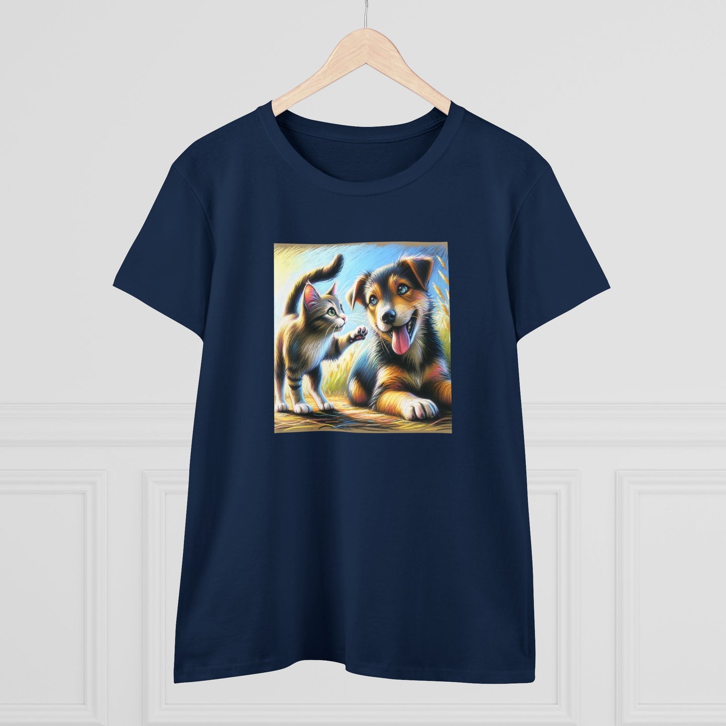 Cat playing with dog, oil pastel, Women's Midweight Cotton Tee