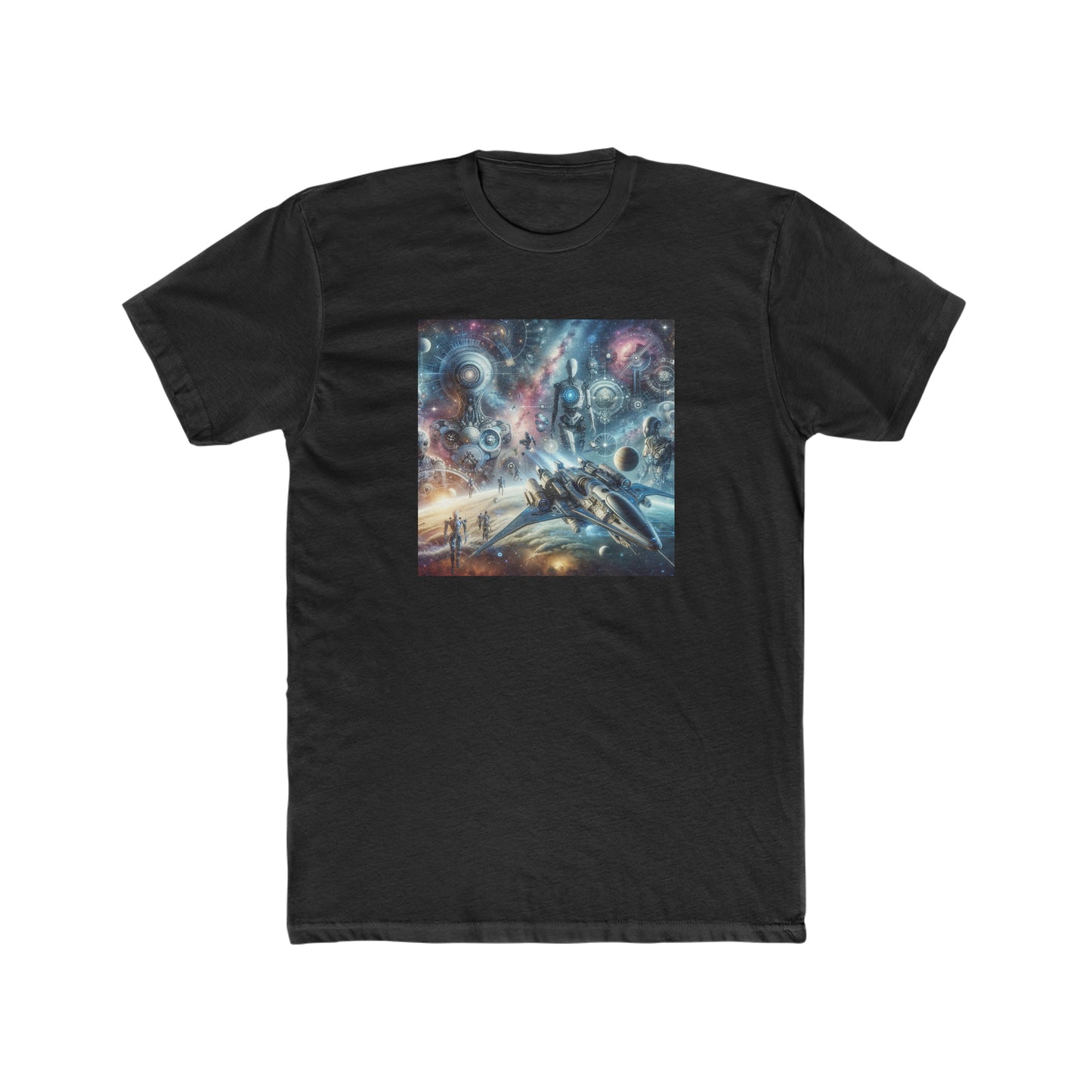 Robots, spaceships, planet, Men's Cotton Crew Tee