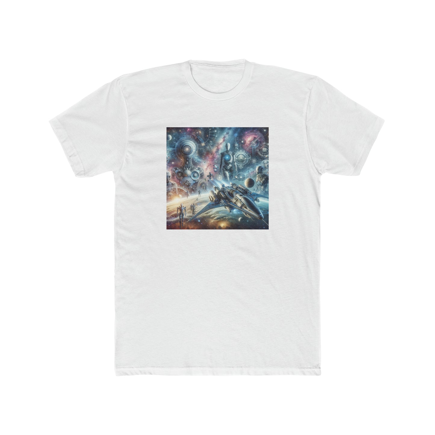 Robots, spaceships, planet, Men's Cotton Crew Tee