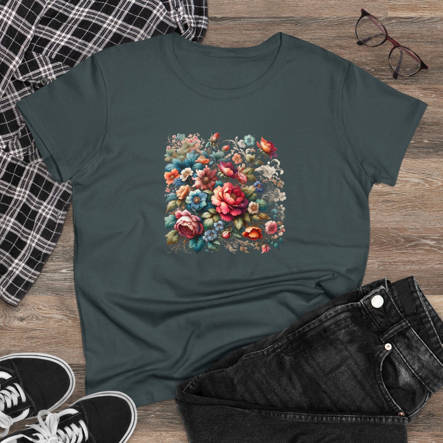 Floral design, botanical prints, Women's Midweight Cotton Tee