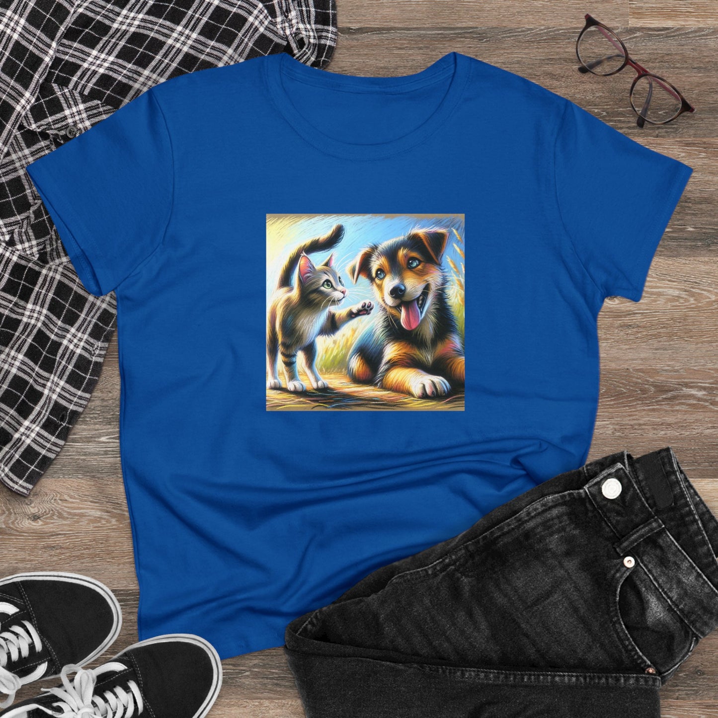 Cat playing with dog, oil pastel, Women's Midweight Cotton Tee