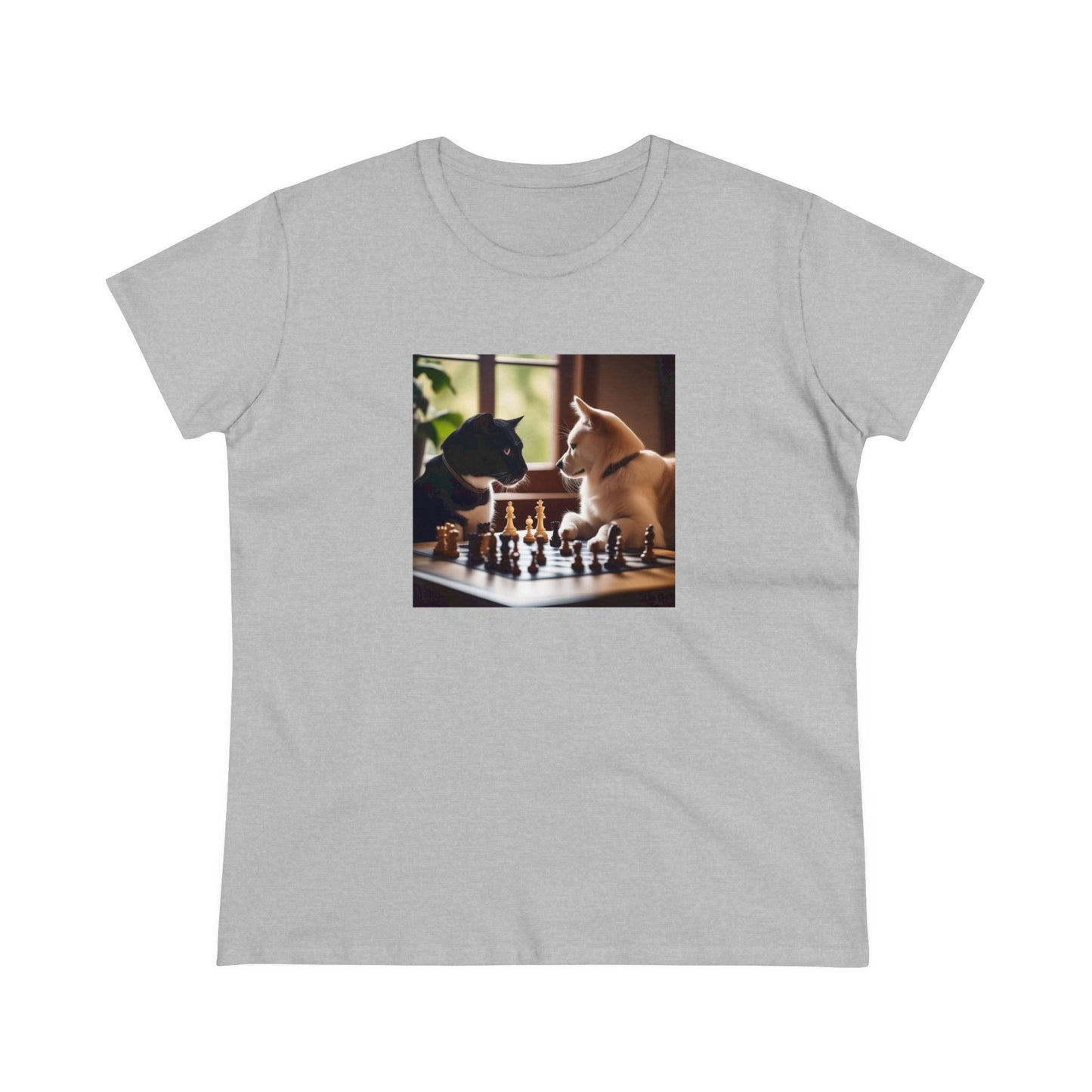 Cat and dog playing chess, Women's Midweight Cotton Tee