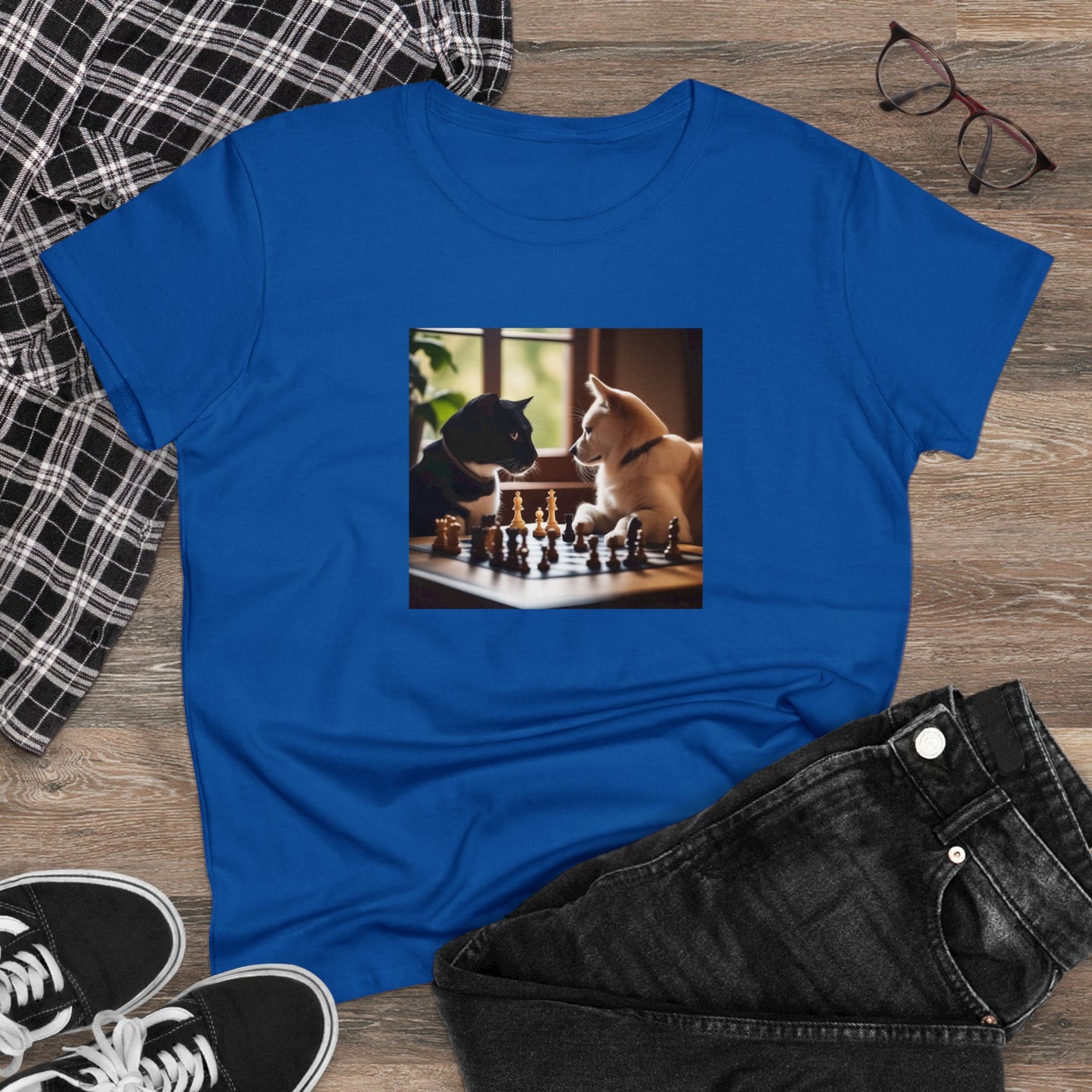 Cat and dog playing chess, Women's Midweight Cotton Tee