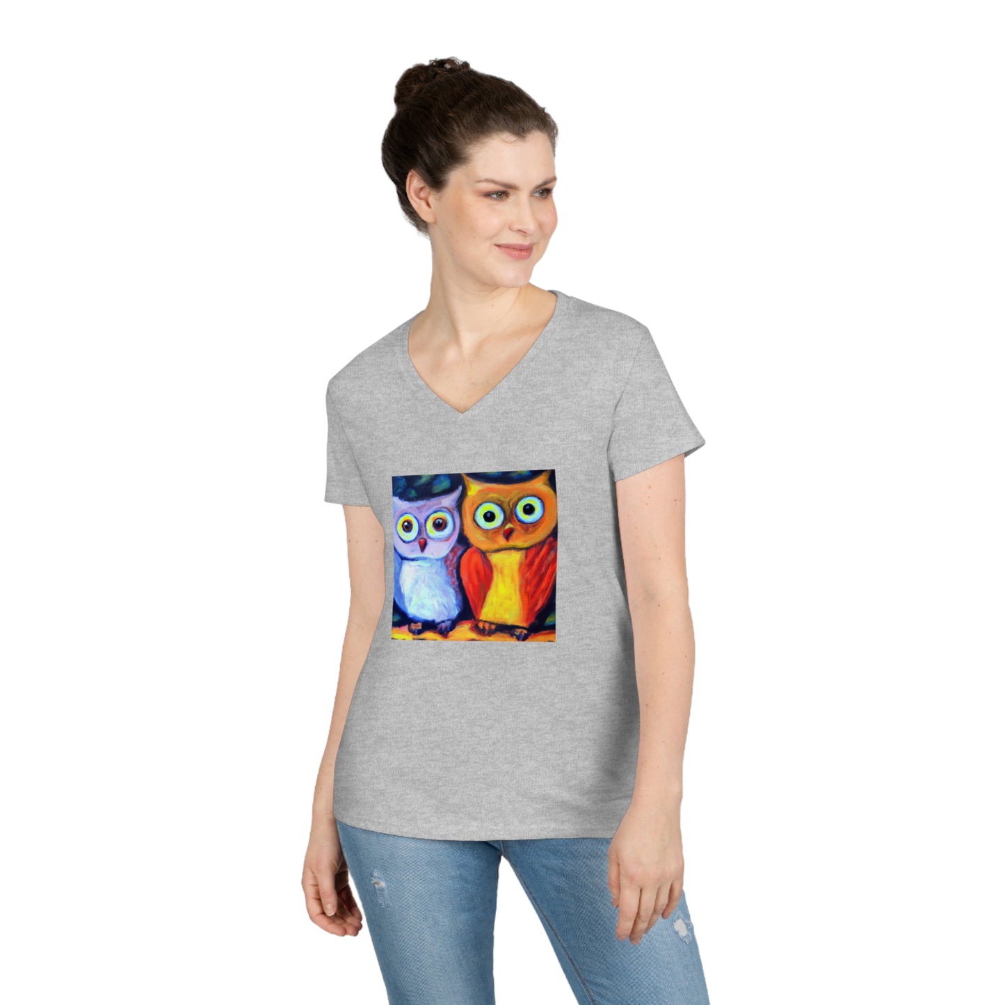 Owls, oil pastel, Ladies' V-Neck T-Shirt