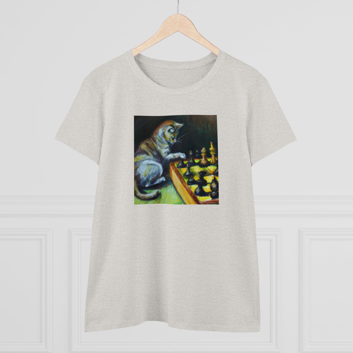 Cat playing chess, oil pastel, Women's Midweight Cotton Tee