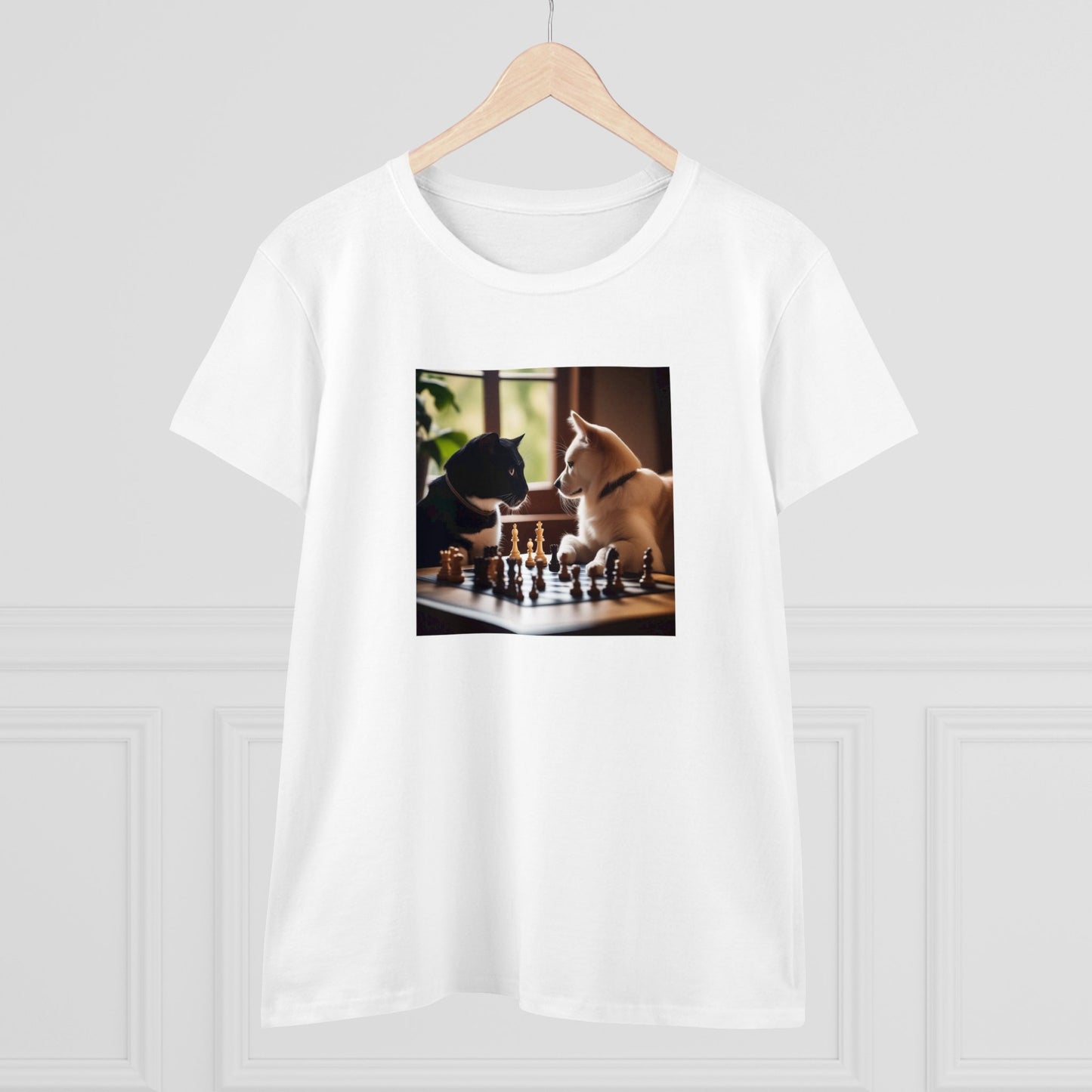 Cat and dog playing chess, Women's Midweight Cotton Tee