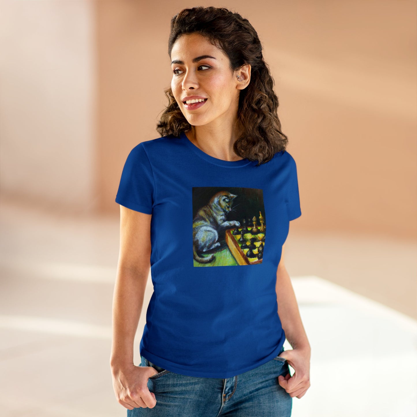 Cat playing chess, oil pastel, Women's Midweight Cotton Tee