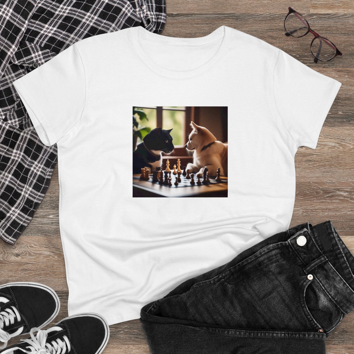 Cat and dog playing chess, Women's Midweight Cotton Tee