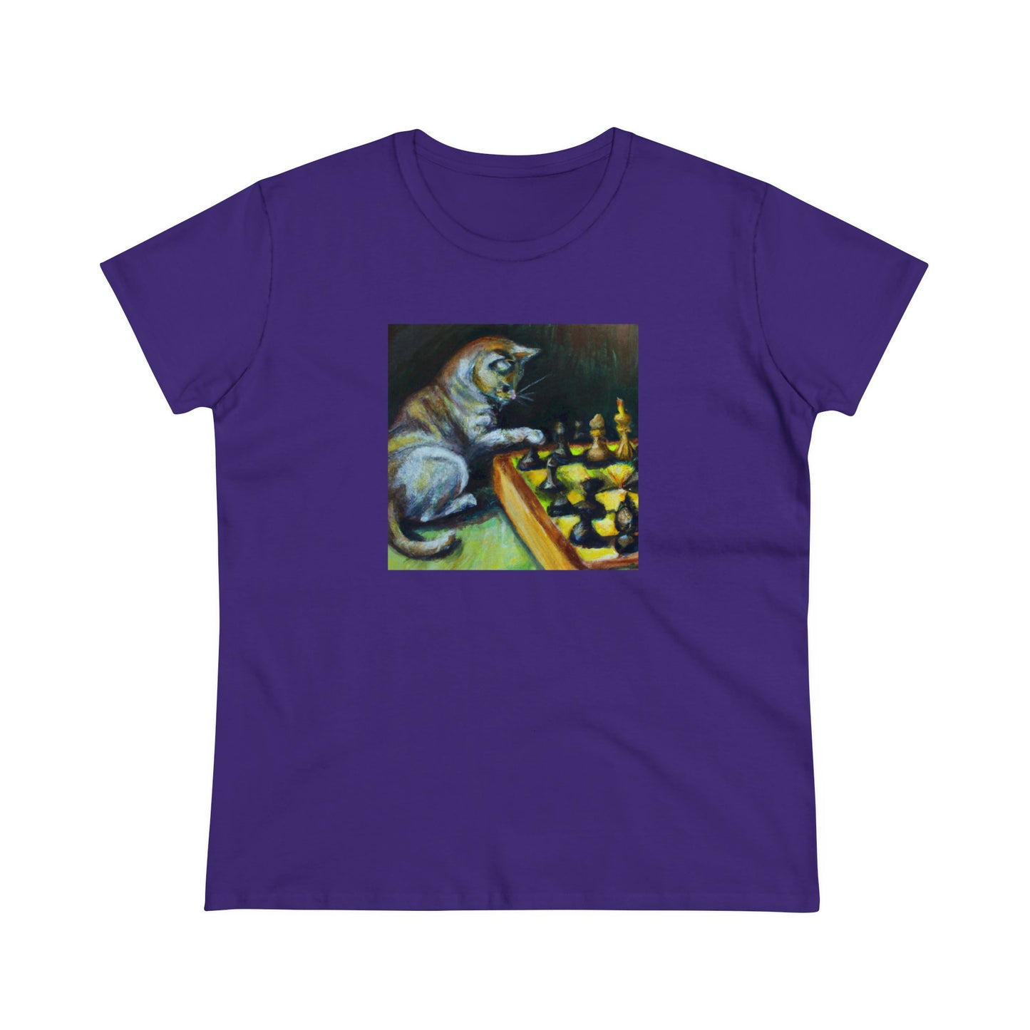 Cat playing chess, oil pastel, Women's Midweight Cotton Tee