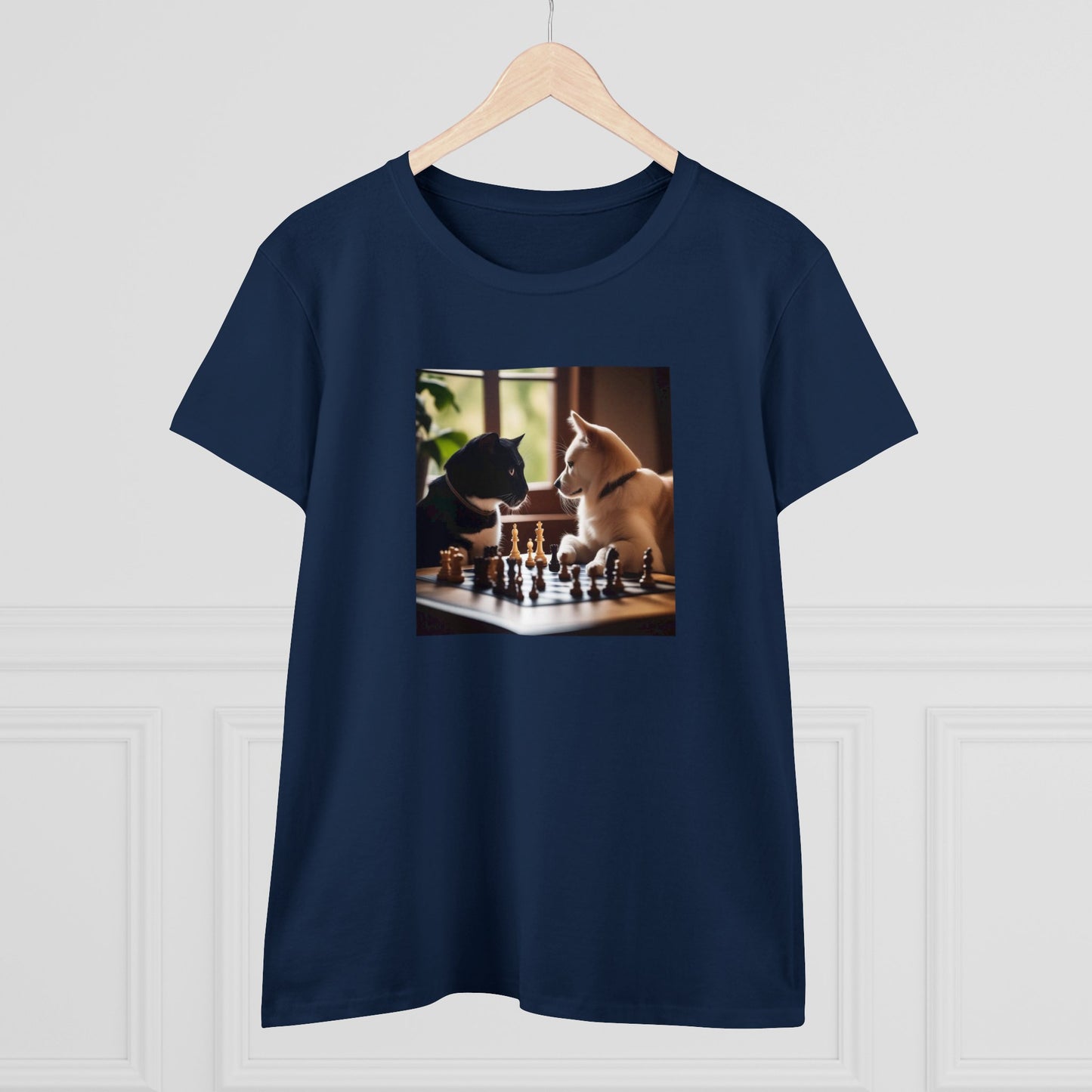 Cat and dog playing chess, Women's Midweight Cotton Tee