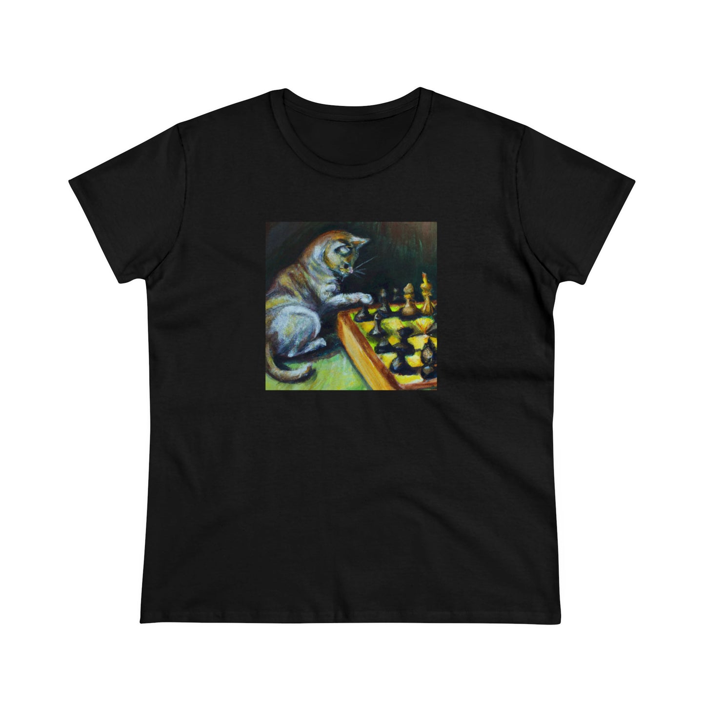 Cat playing chess, oil pastel, Women's Midweight Cotton Tee