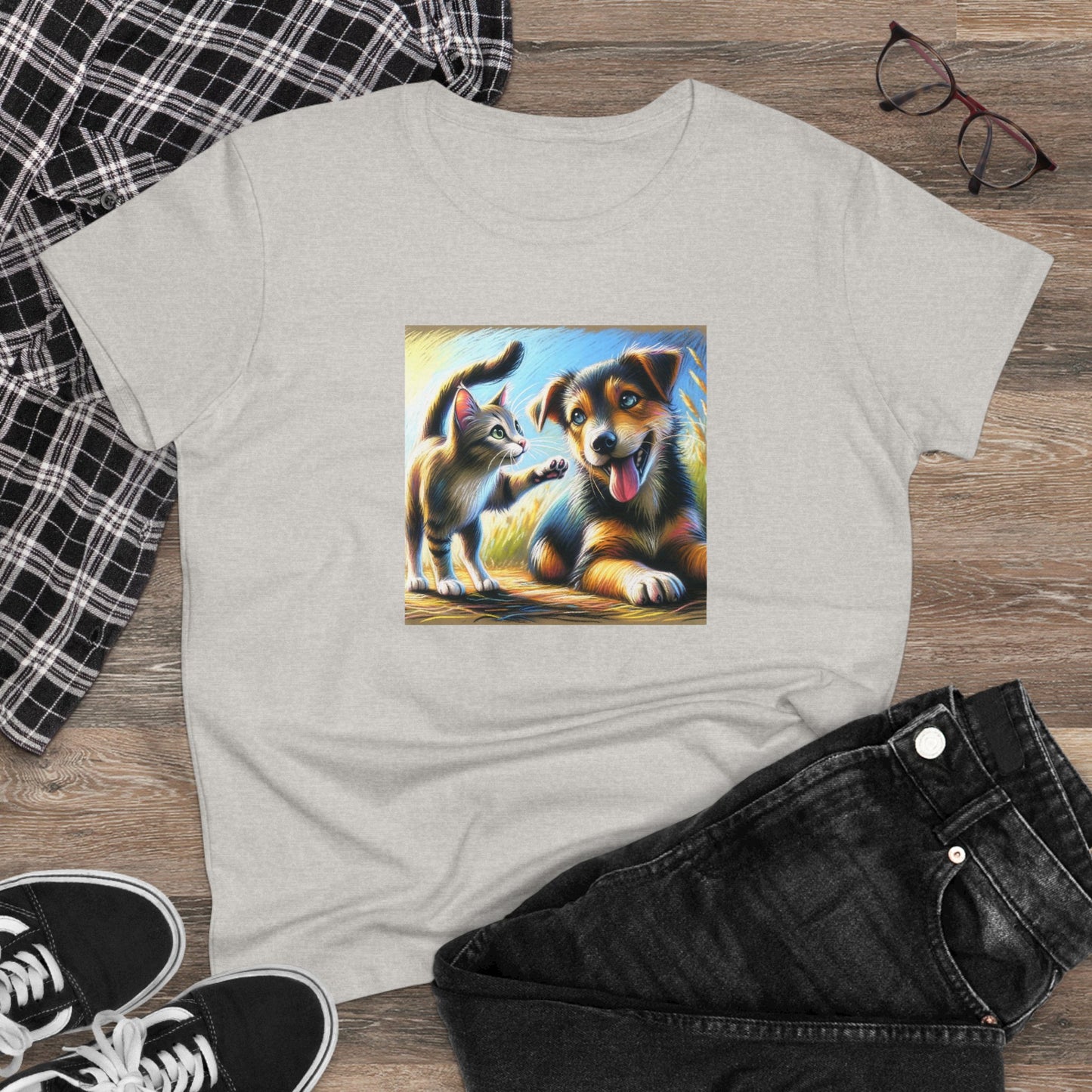 Cat playing with dog, oil pastel, Women's Midweight Cotton Tee