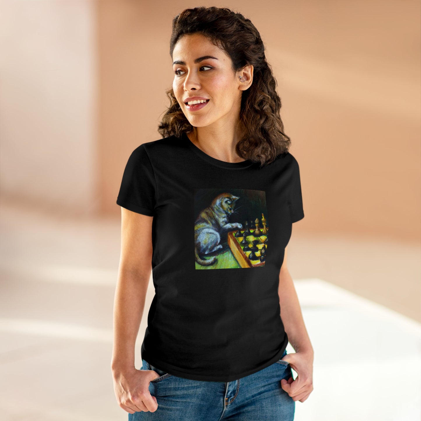 Cat playing chess, oil pastel, Women's Midweight Cotton Tee