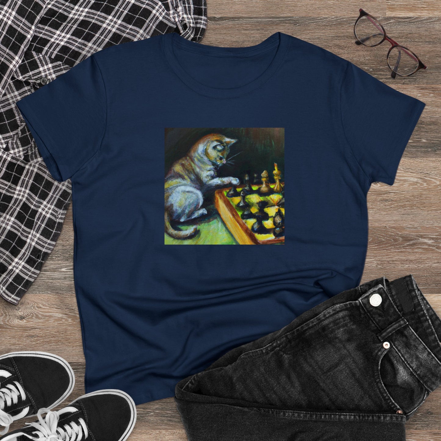 Cat playing chess, oil pastel, Women's Midweight Cotton Tee