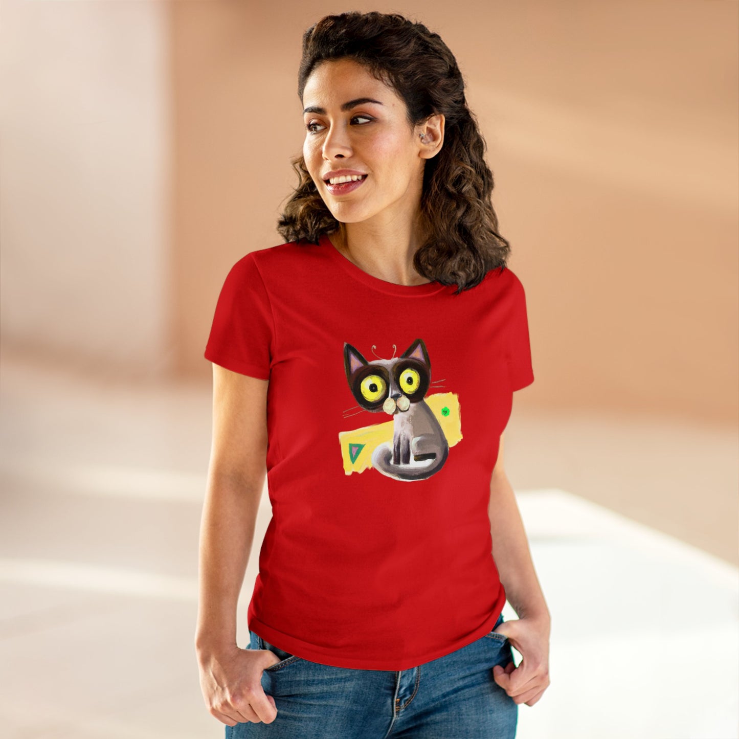 Funny cat, oil pastel, Women's Midweight Cotton Tee