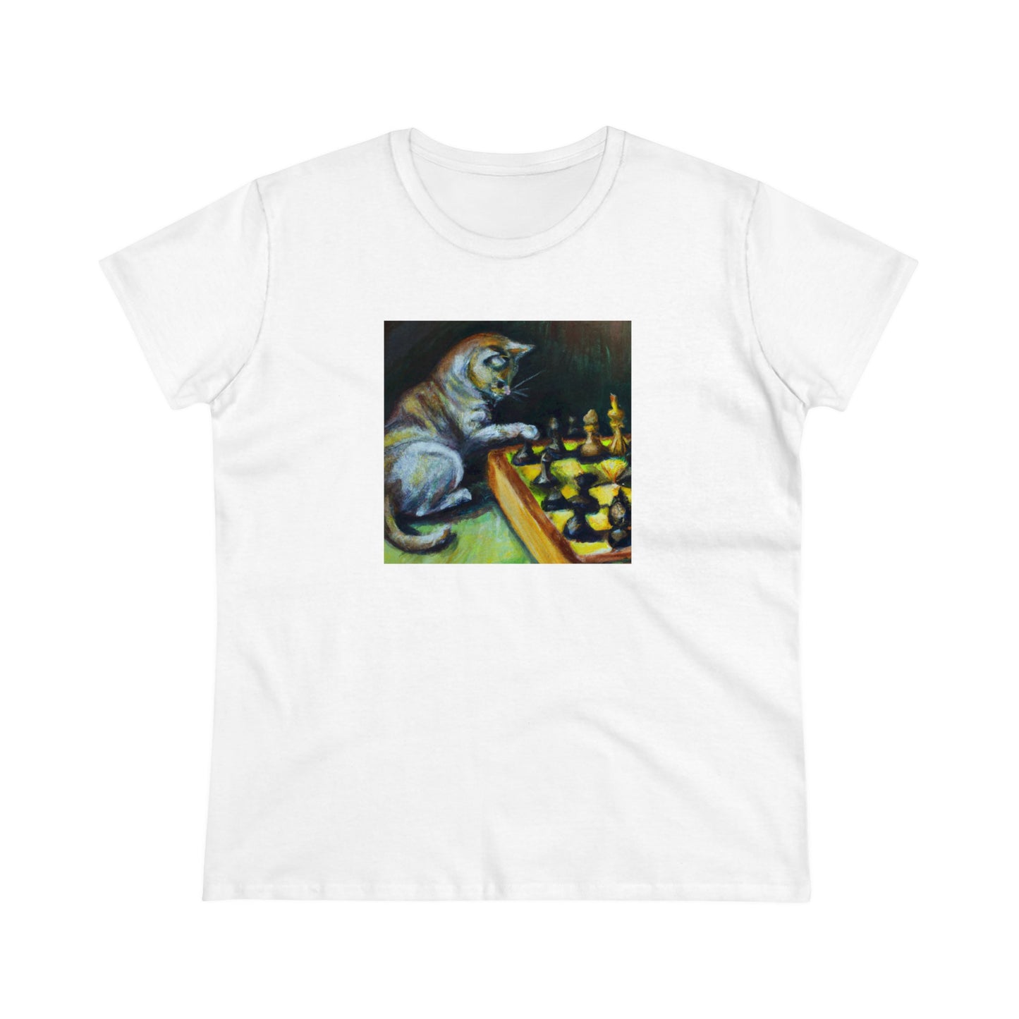 Cat playing chess, oil pastel, Women's Midweight Cotton Tee