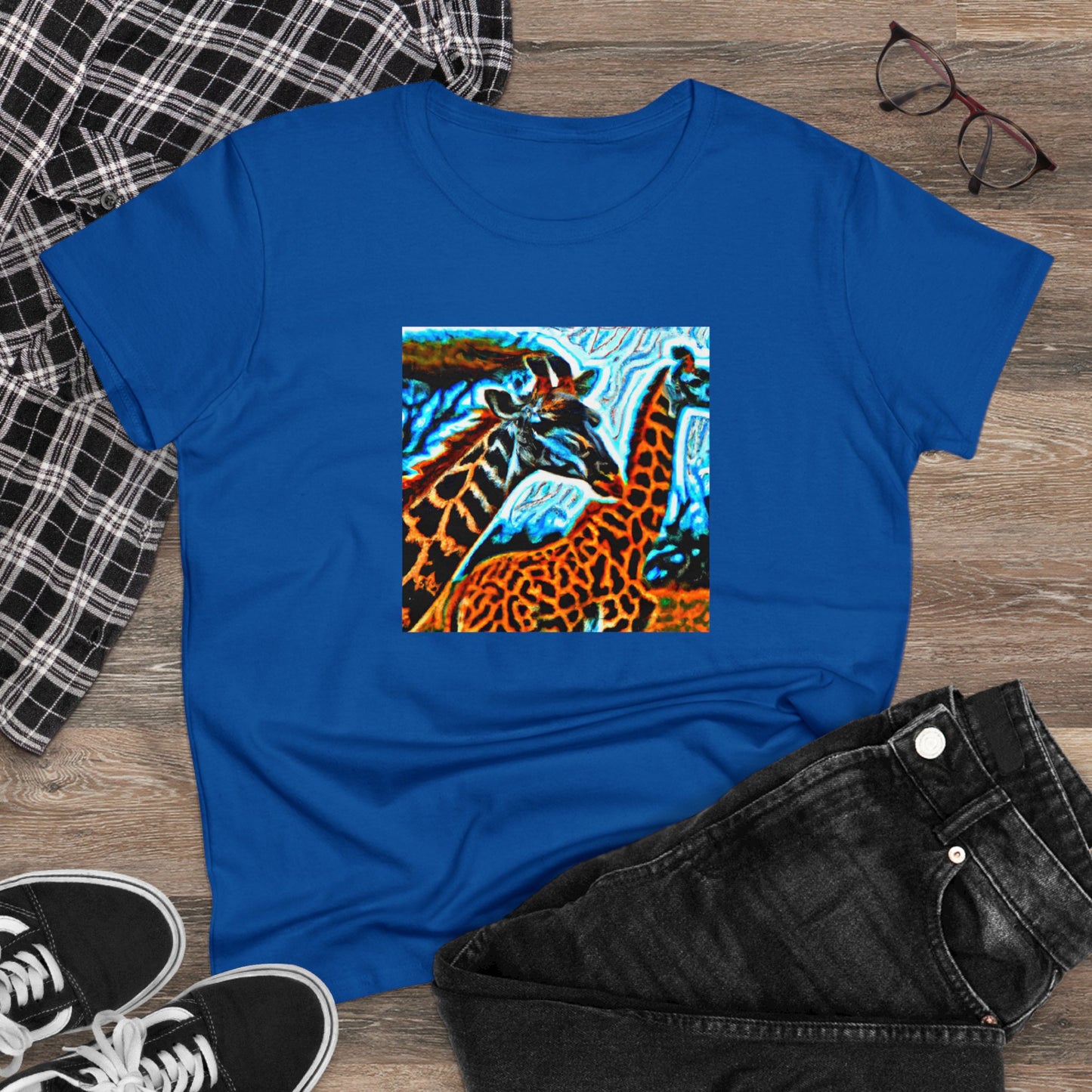 Giraffe, oil pastel, Women's Midweight Cotton Tee