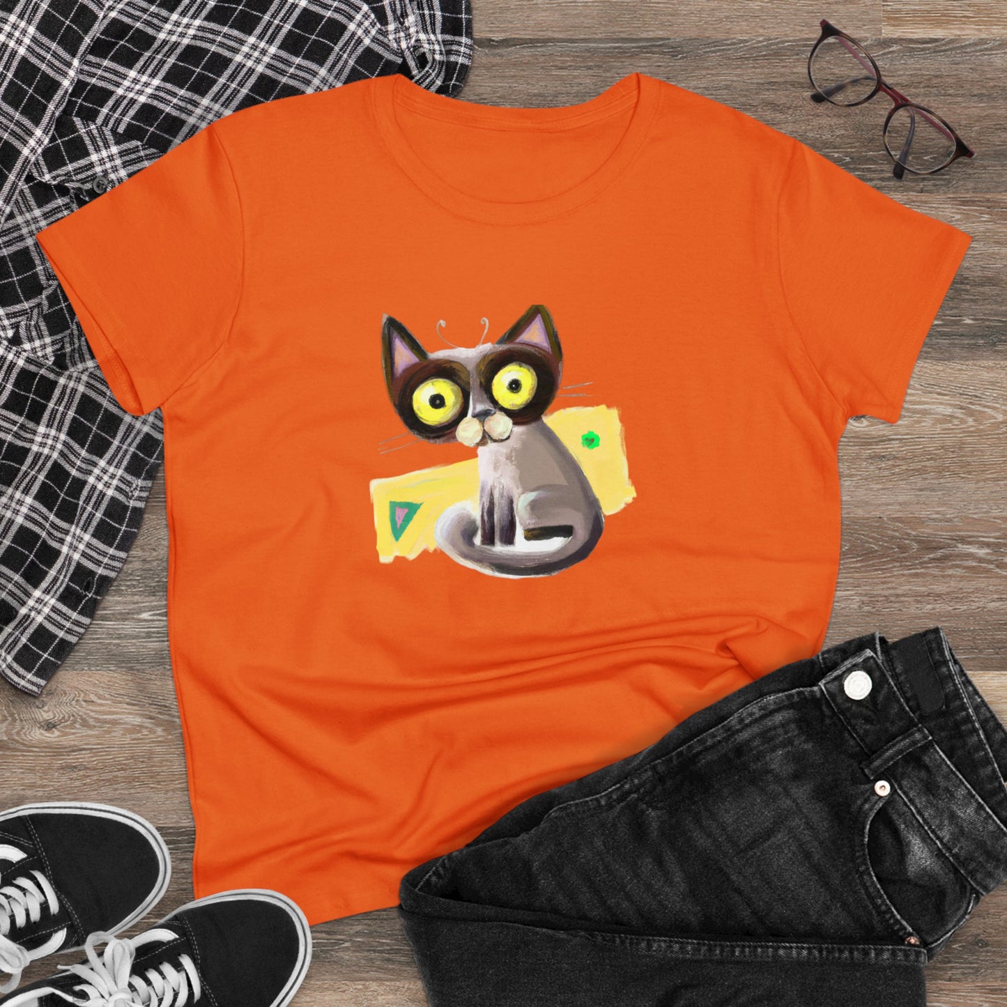 Funny cat, oil pastel, Women's Midweight Cotton Tee