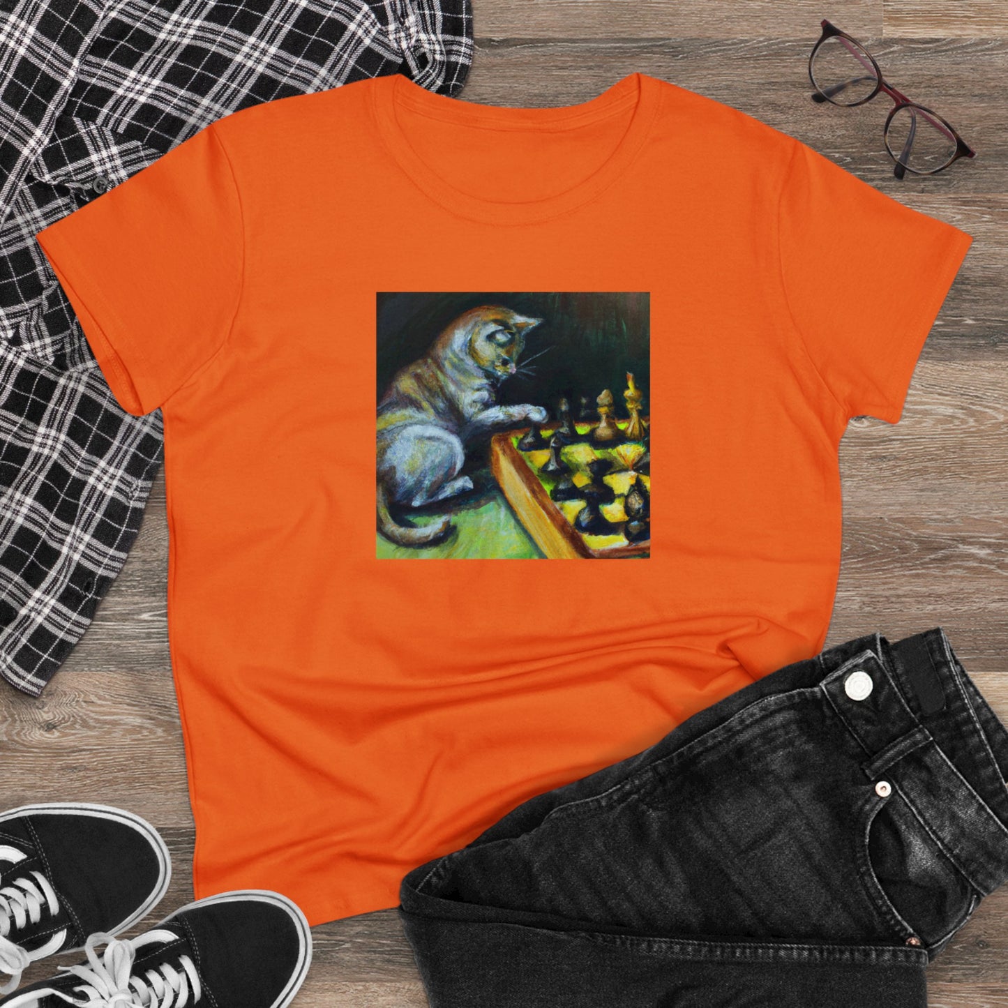 Cat playing chess, oil pastel, Women's Midweight Cotton Tee