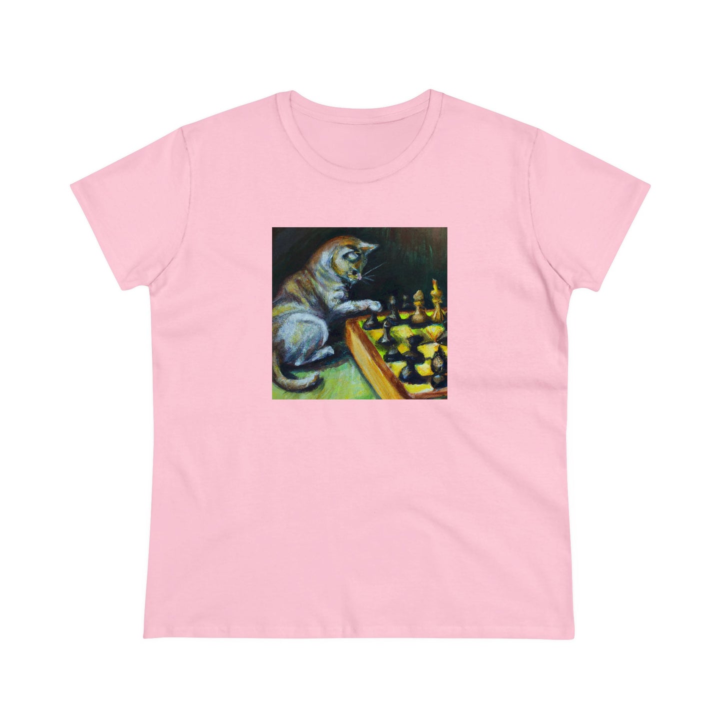 Cat playing chess, oil pastel, Women's Midweight Cotton Tee