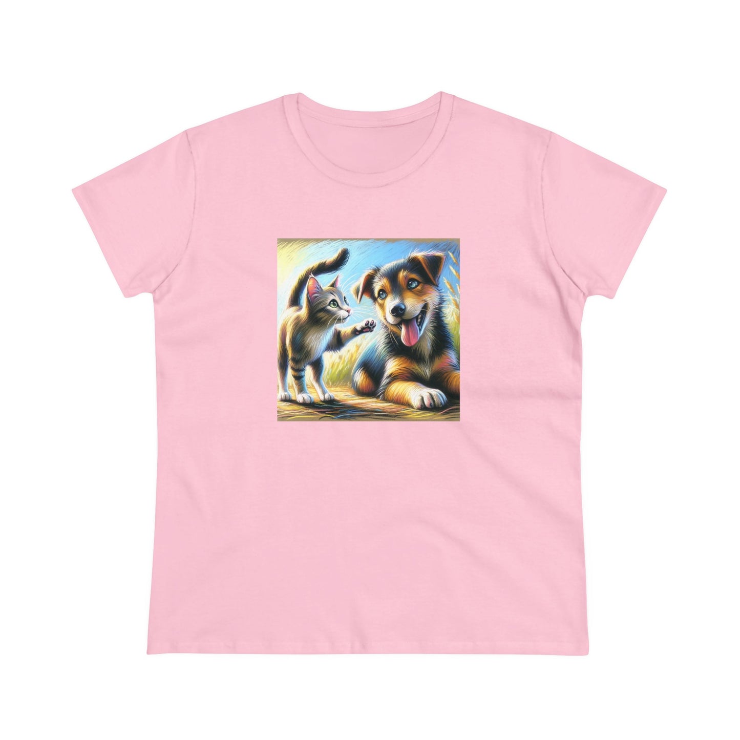 Cat playing with dog, oil pastel, Women's Midweight Cotton Tee