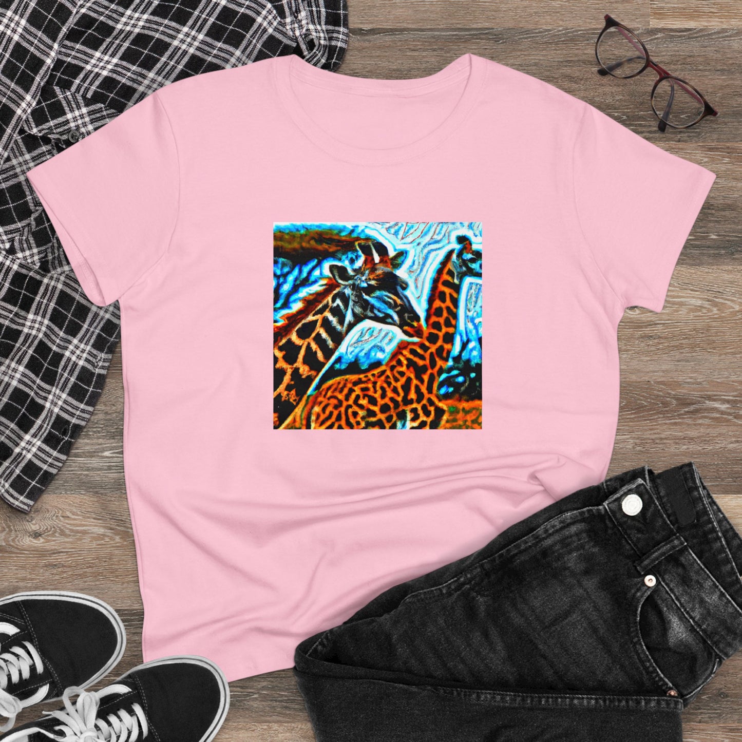 Giraffe, oil pastel, Women's Midweight Cotton Tee