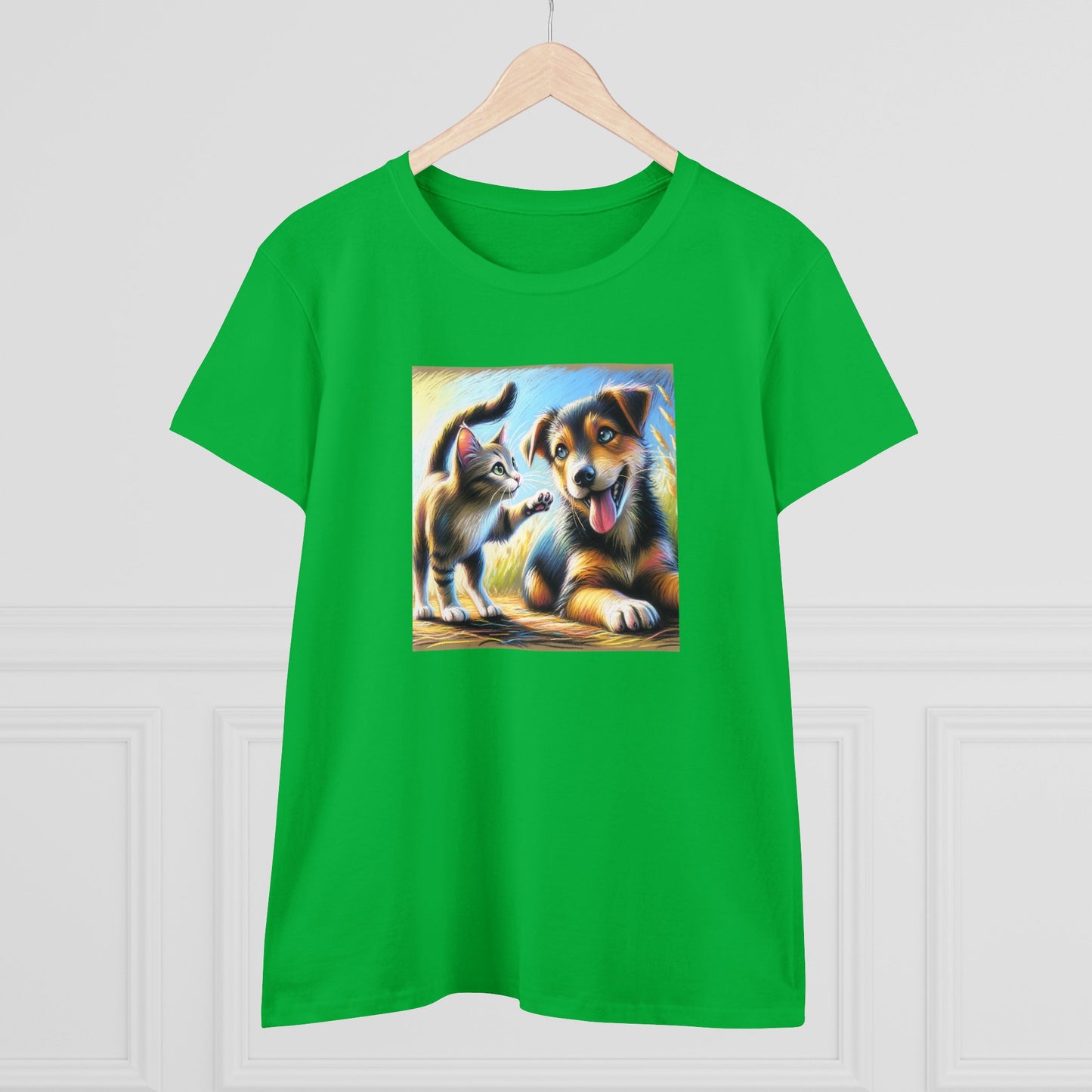 Cat playing with dog, oil pastel, Women's Midweight Cotton Tee