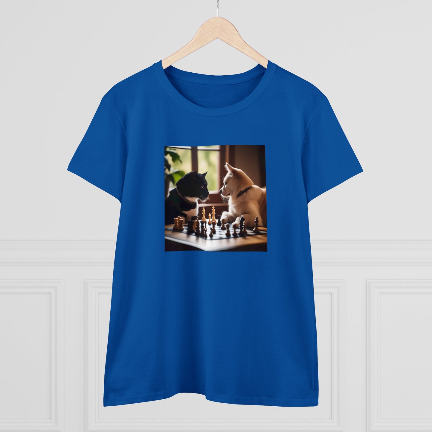 Cat and dog playing chess, Women's Midweight Cotton Tee