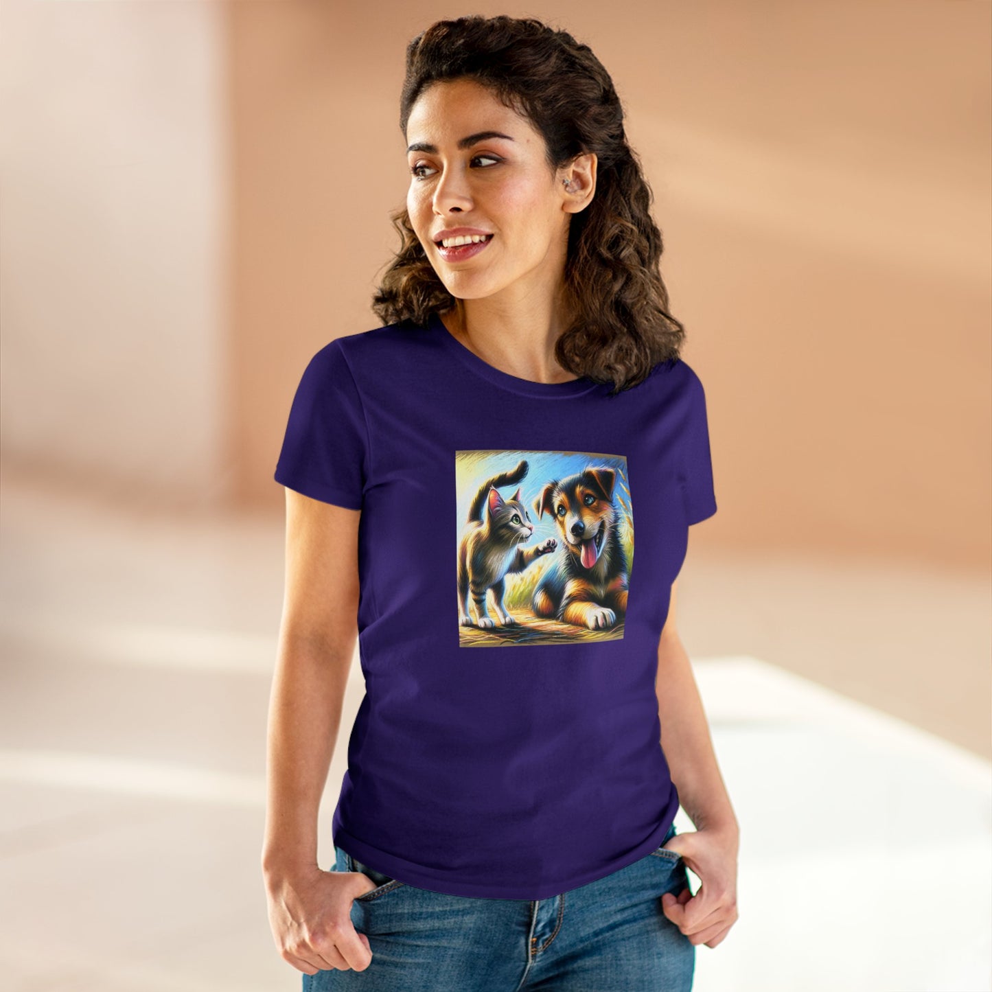 Cat playing with dog, oil pastel, Women's Midweight Cotton Tee