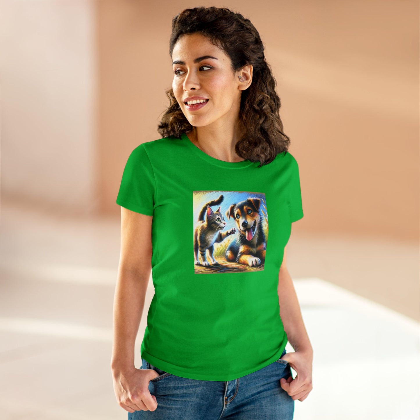 Cat playing with dog, oil pastel, Women's Midweight Cotton Tee