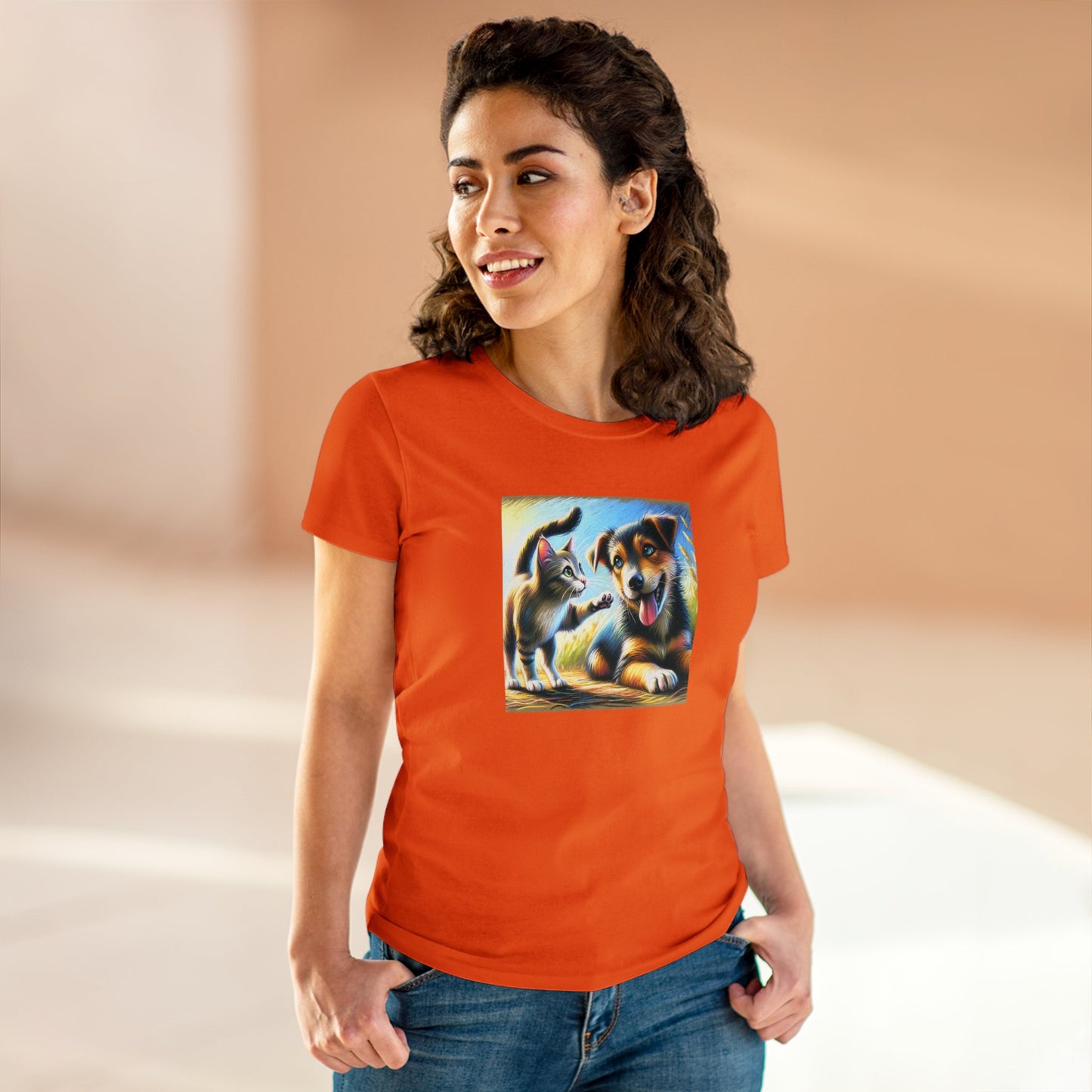 Cat playing with dog, oil pastel, Women's Midweight Cotton Tee