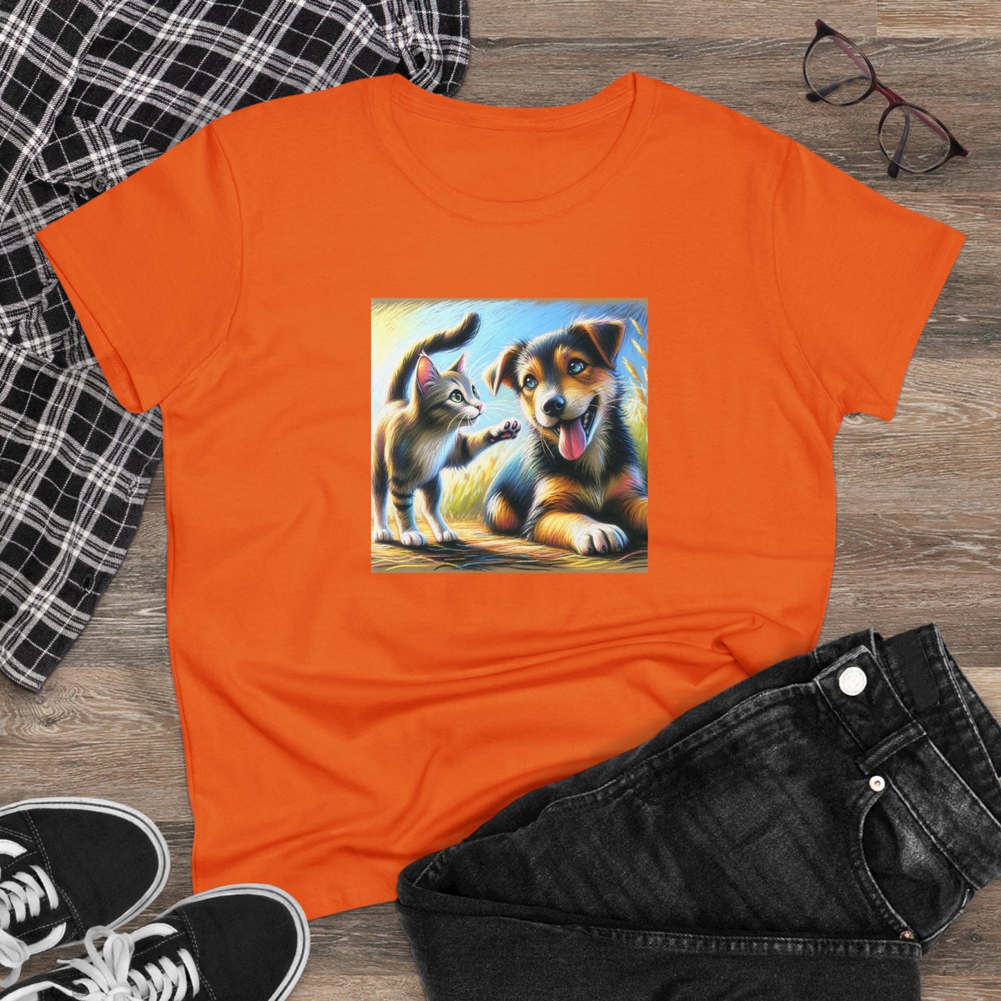 Cat playing with dog, oil pastel, Women's Midweight Cotton Tee