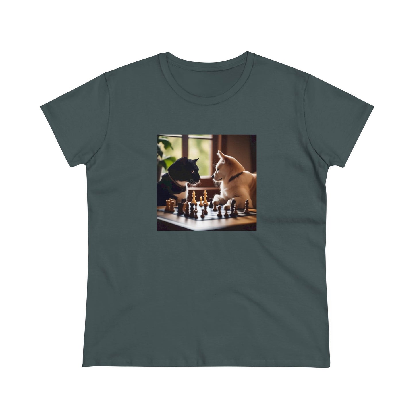 Cat and dog playing chess, Women's Midweight Cotton Tee