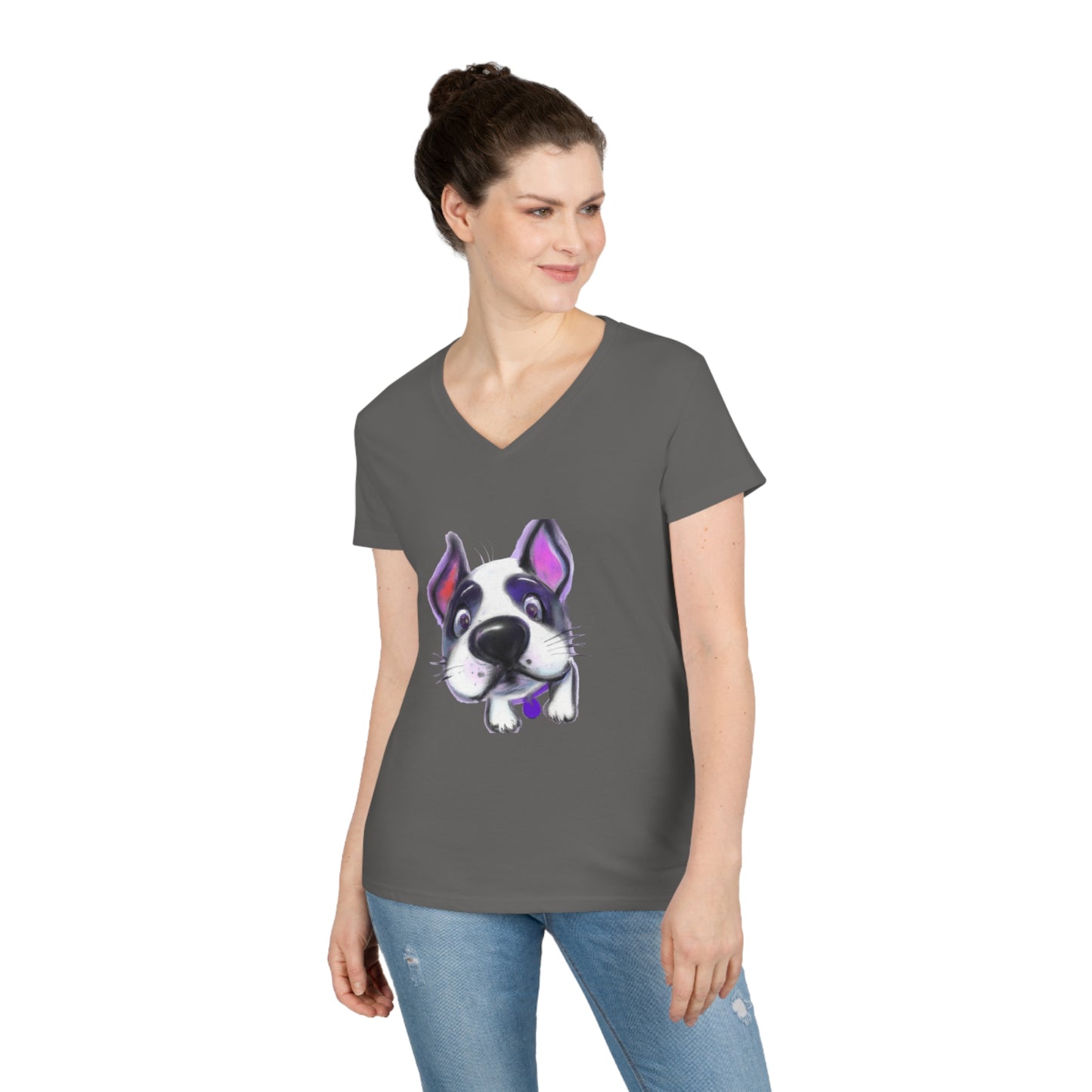 Happy dog, oil pastel, Ladies' V-Neck T-Shirt