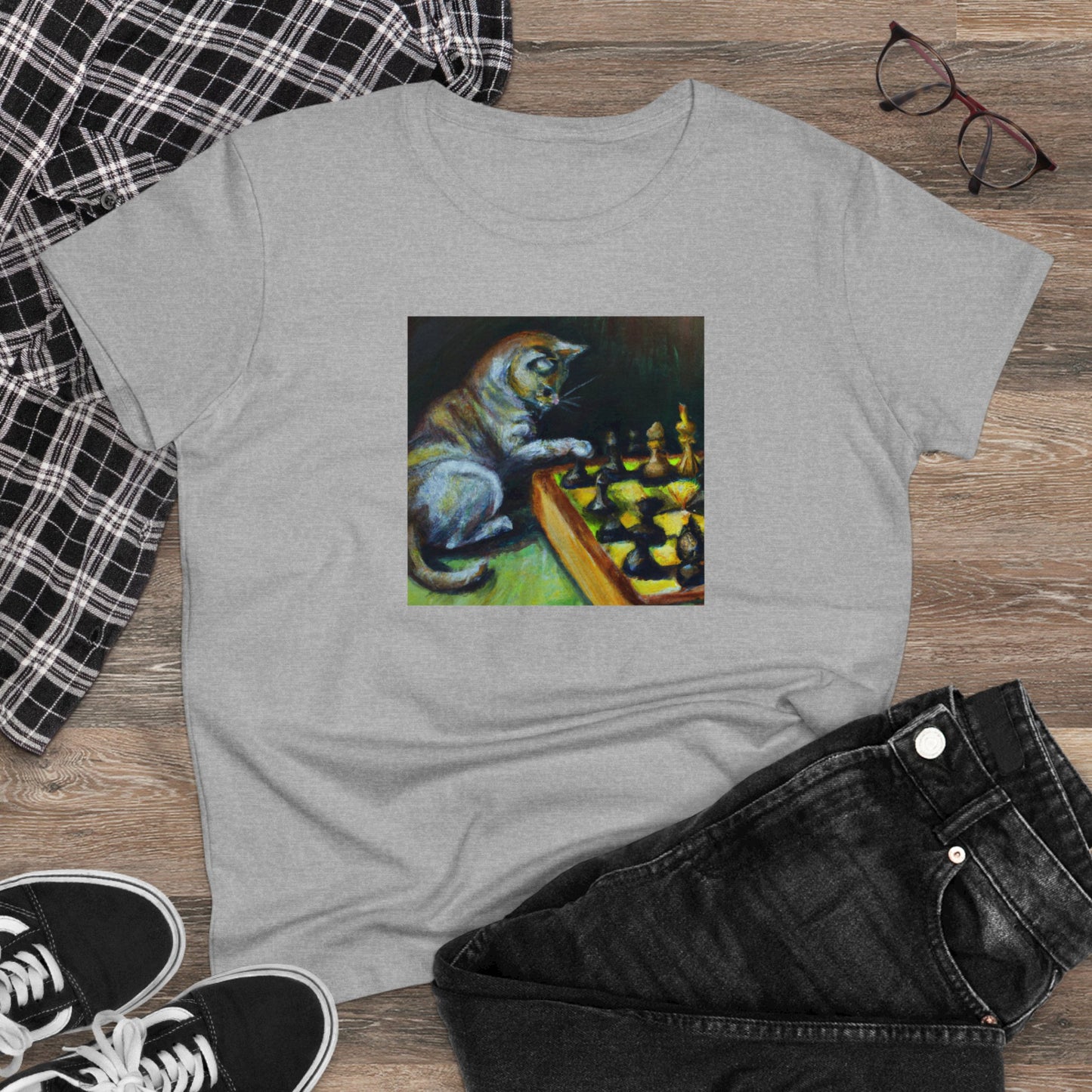 Cat playing chess, oil pastel, Women's Midweight Cotton Tee