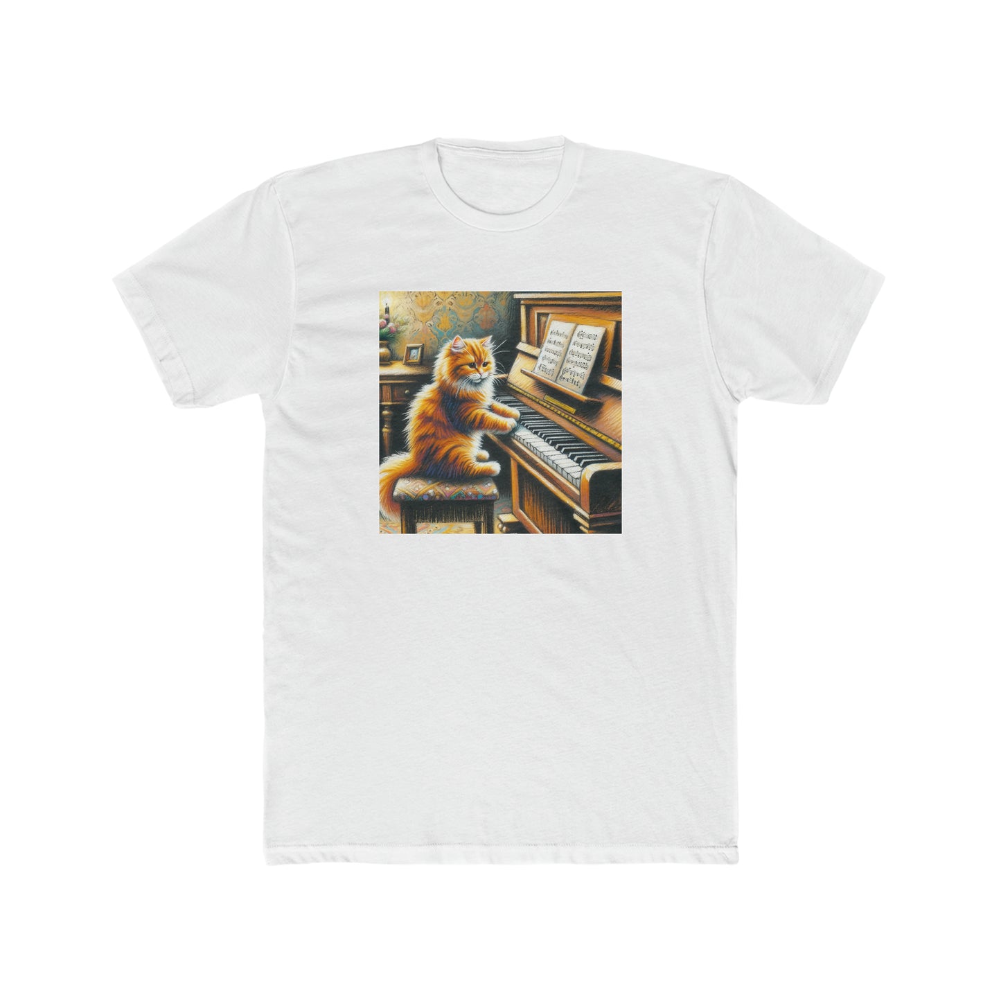 Cat playing piano, oil pastel, Men's Cotton Crew Tee