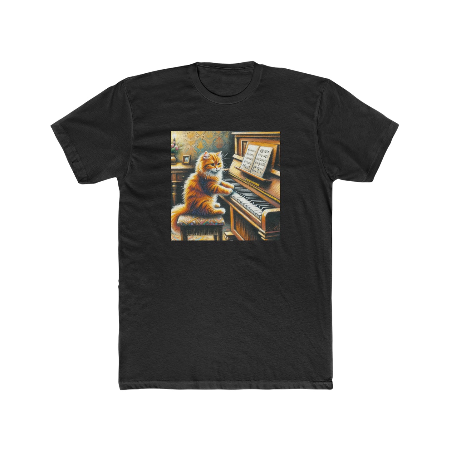 Cat playing piano, oil pastel, Men's Cotton Crew Tee