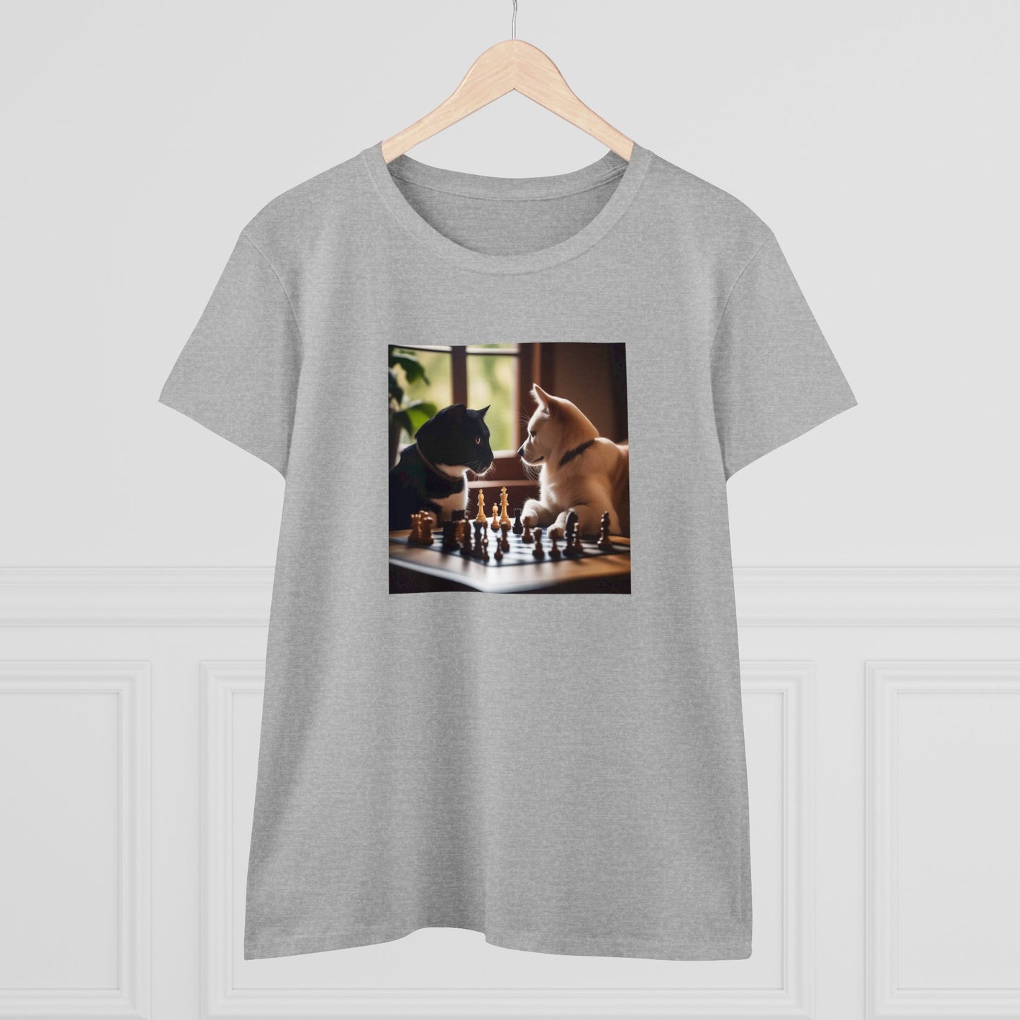 Cat and dog playing chess, Women's Midweight Cotton Tee