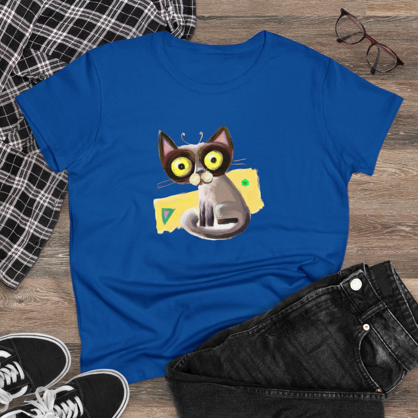 Funny cat, oil pastel, Women's Midweight Cotton Tee