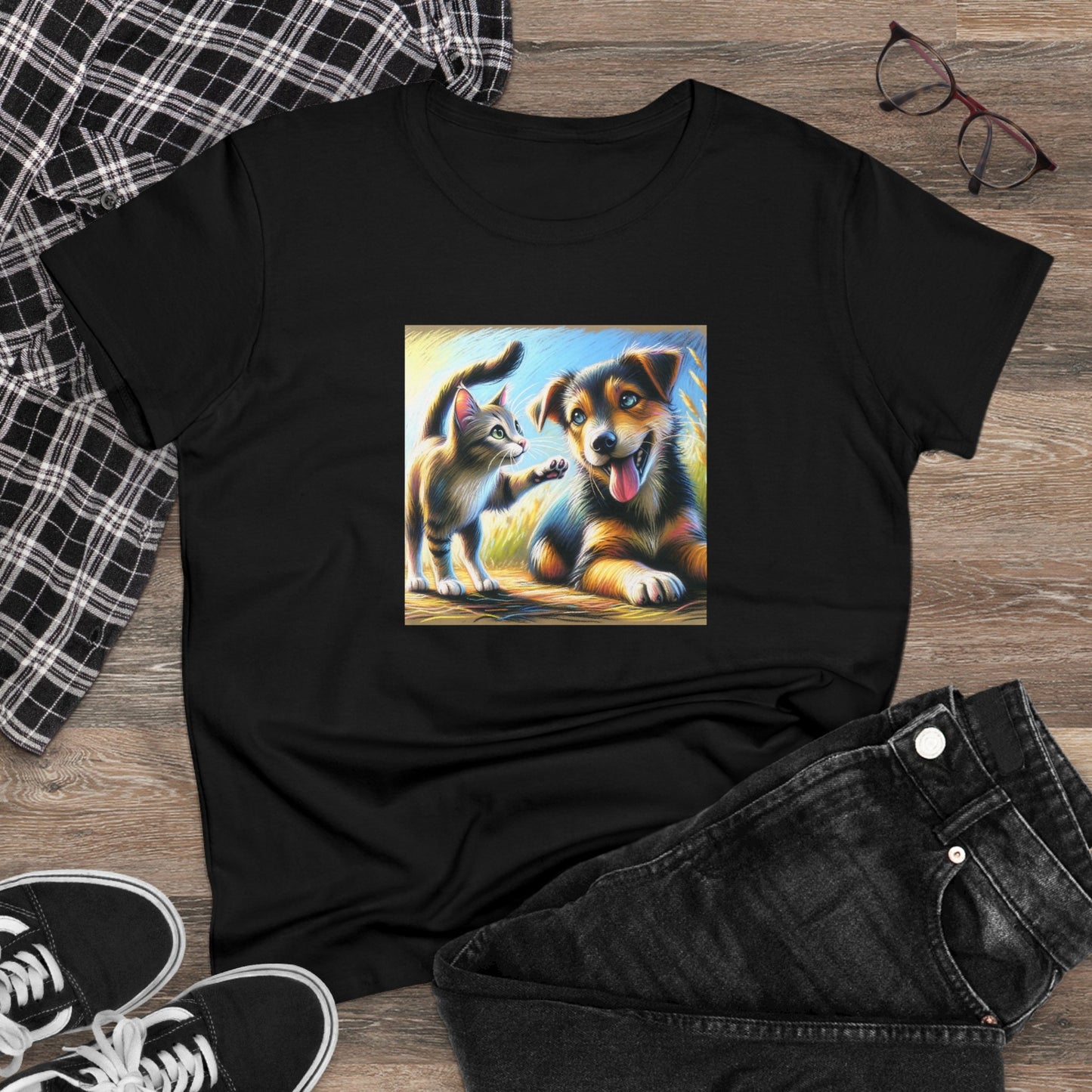 Cat playing with dog, oil pastel, Women's Midweight Cotton Tee