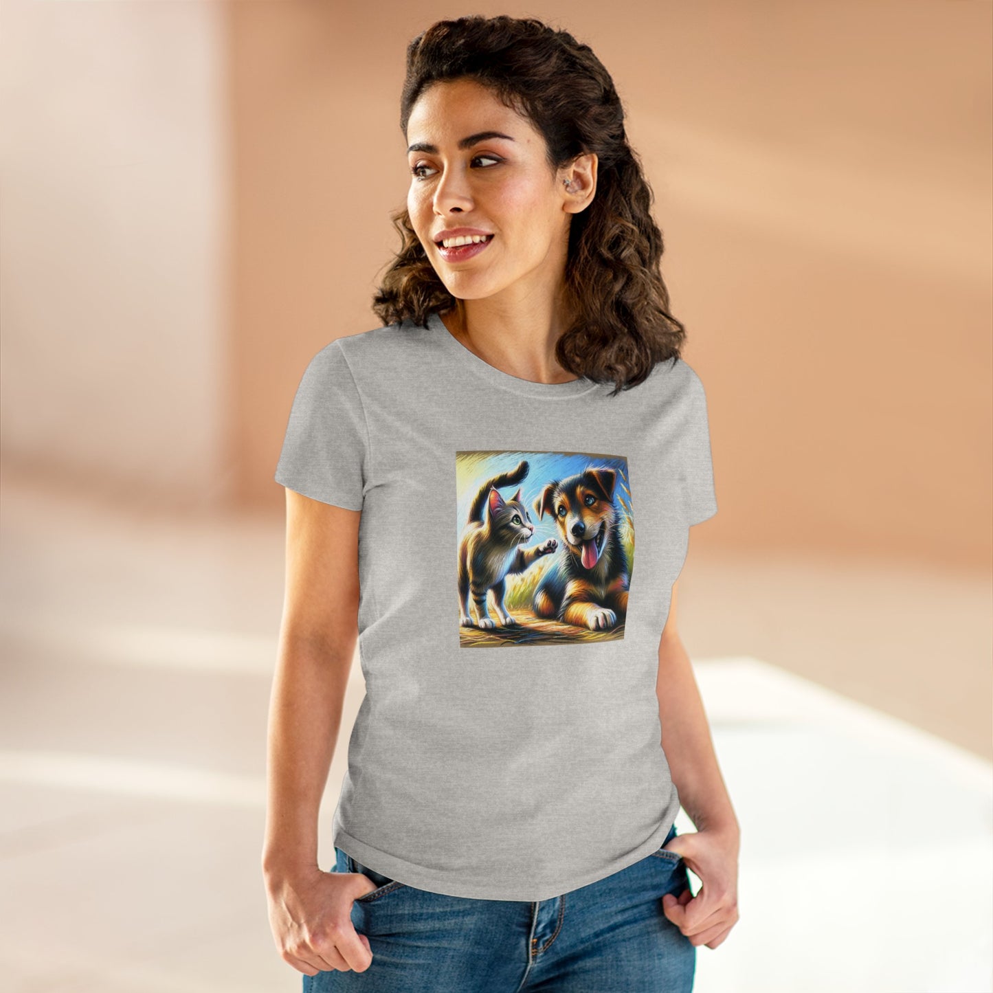 Cat playing with dog, oil pastel, Women's Midweight Cotton Tee