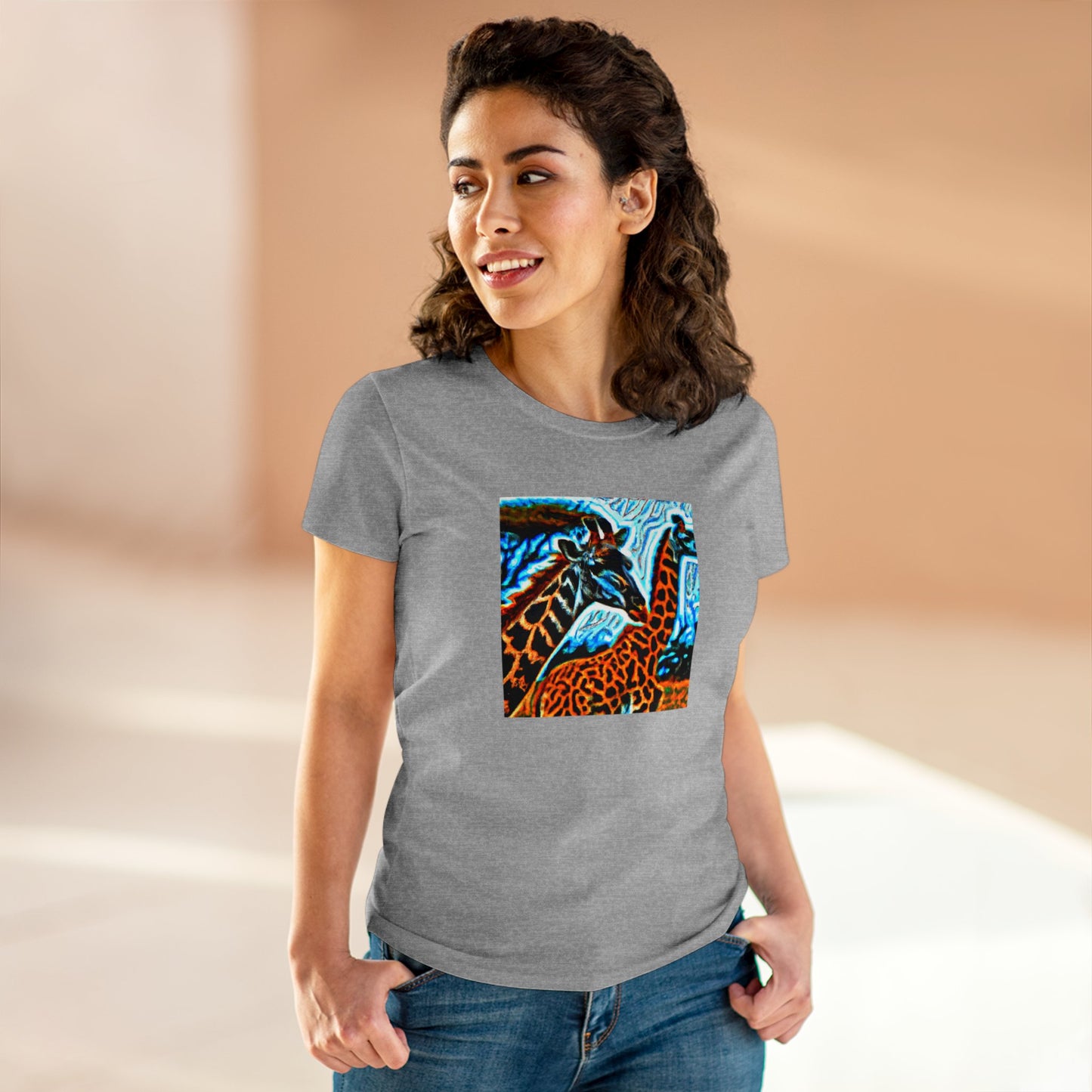 Giraffe, oil pastel, Women's Midweight Cotton Tee