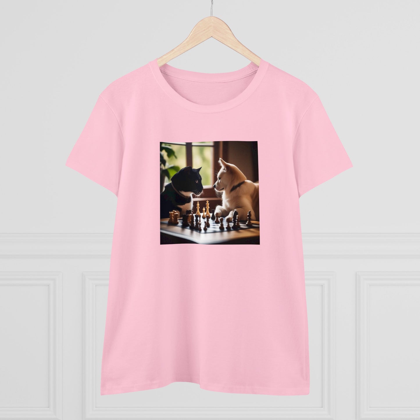 Cat and dog playing chess, Women's Midweight Cotton Tee