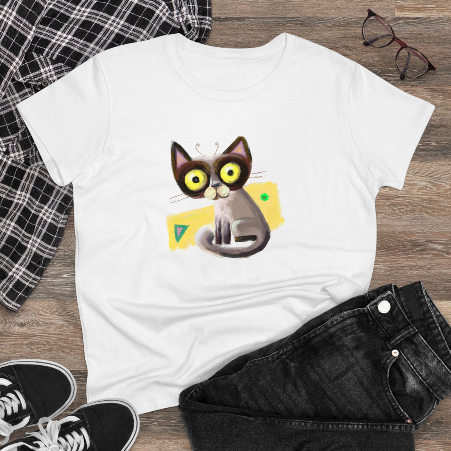 Funny cat, oil pastel, Women's Midweight Cotton Tee