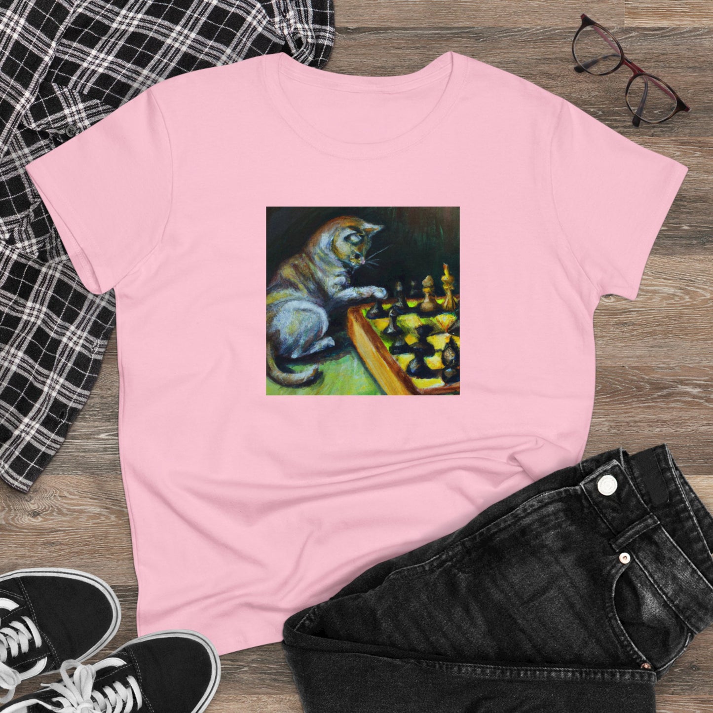 Cat playing chess, oil pastel, Women's Midweight Cotton Tee