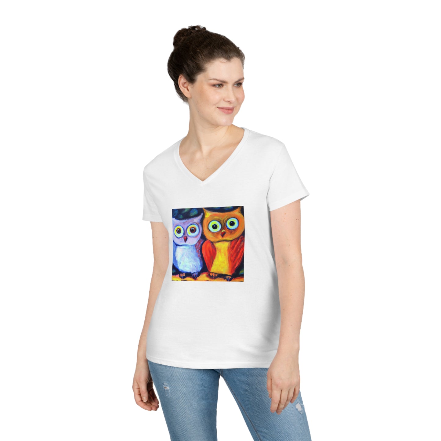 Owls, oil pastel, Ladies' V-Neck T-Shirt