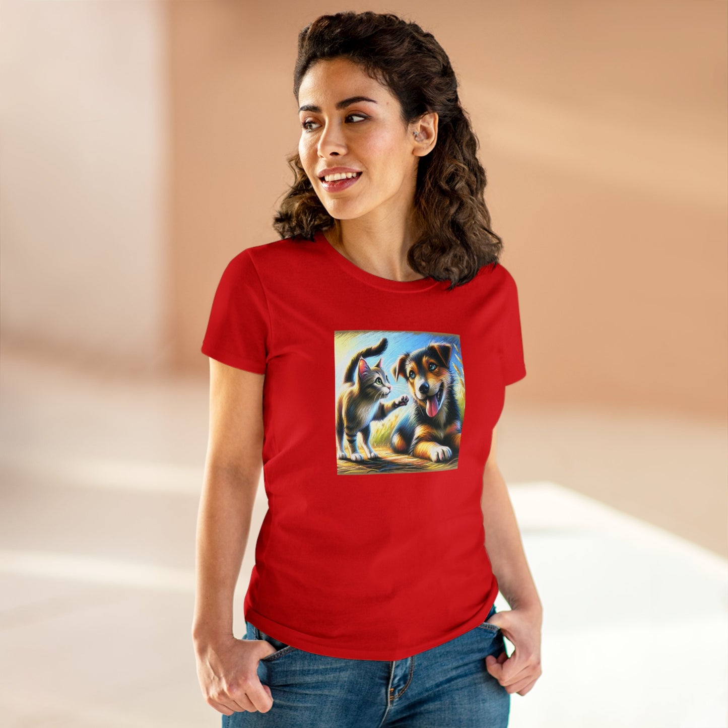 Cat playing with dog, oil pastel, Women's Midweight Cotton Tee