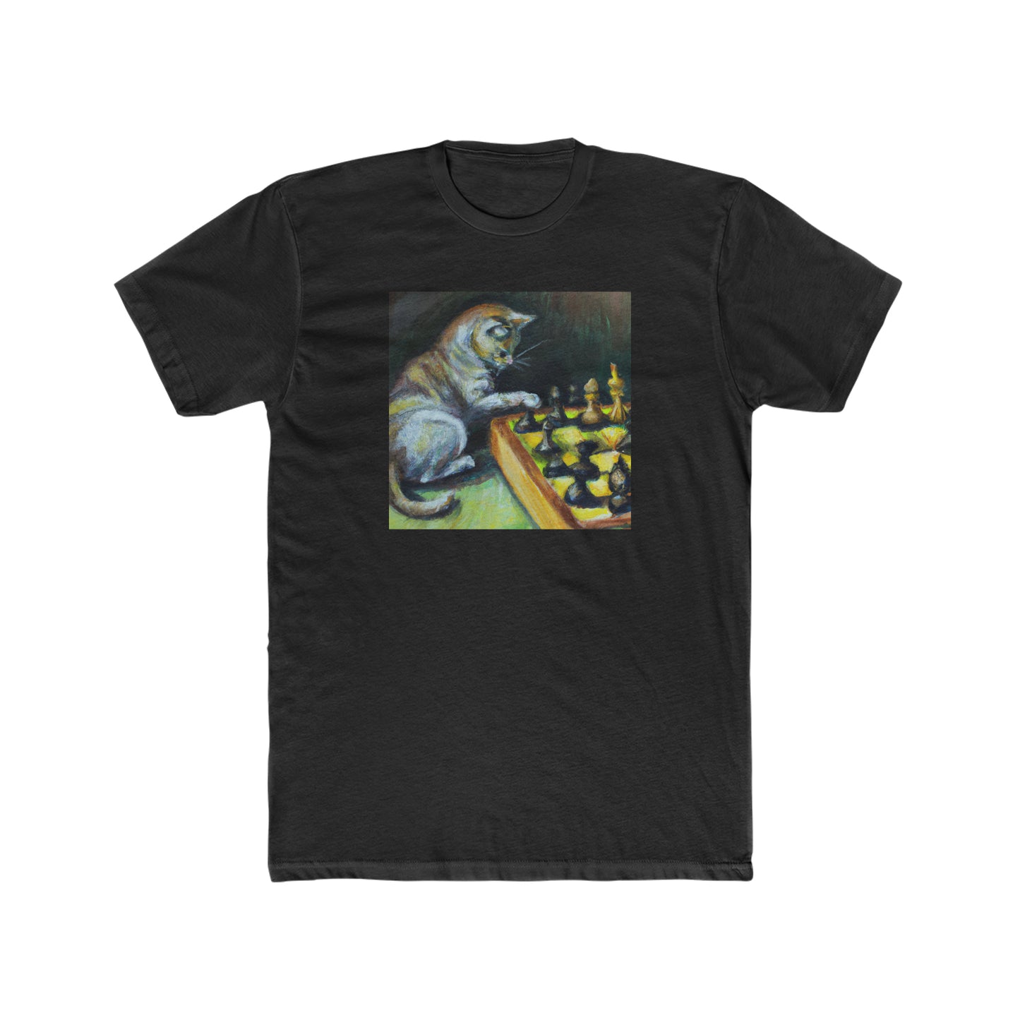 Cat playing chess, oil pastel, Men's Cotton Crew Tee