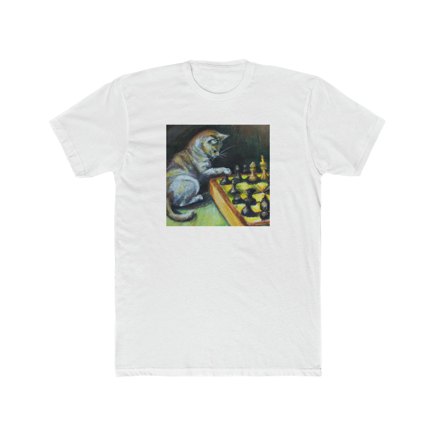 Cat playing chess, oil pastel, Men's Cotton Crew Tee