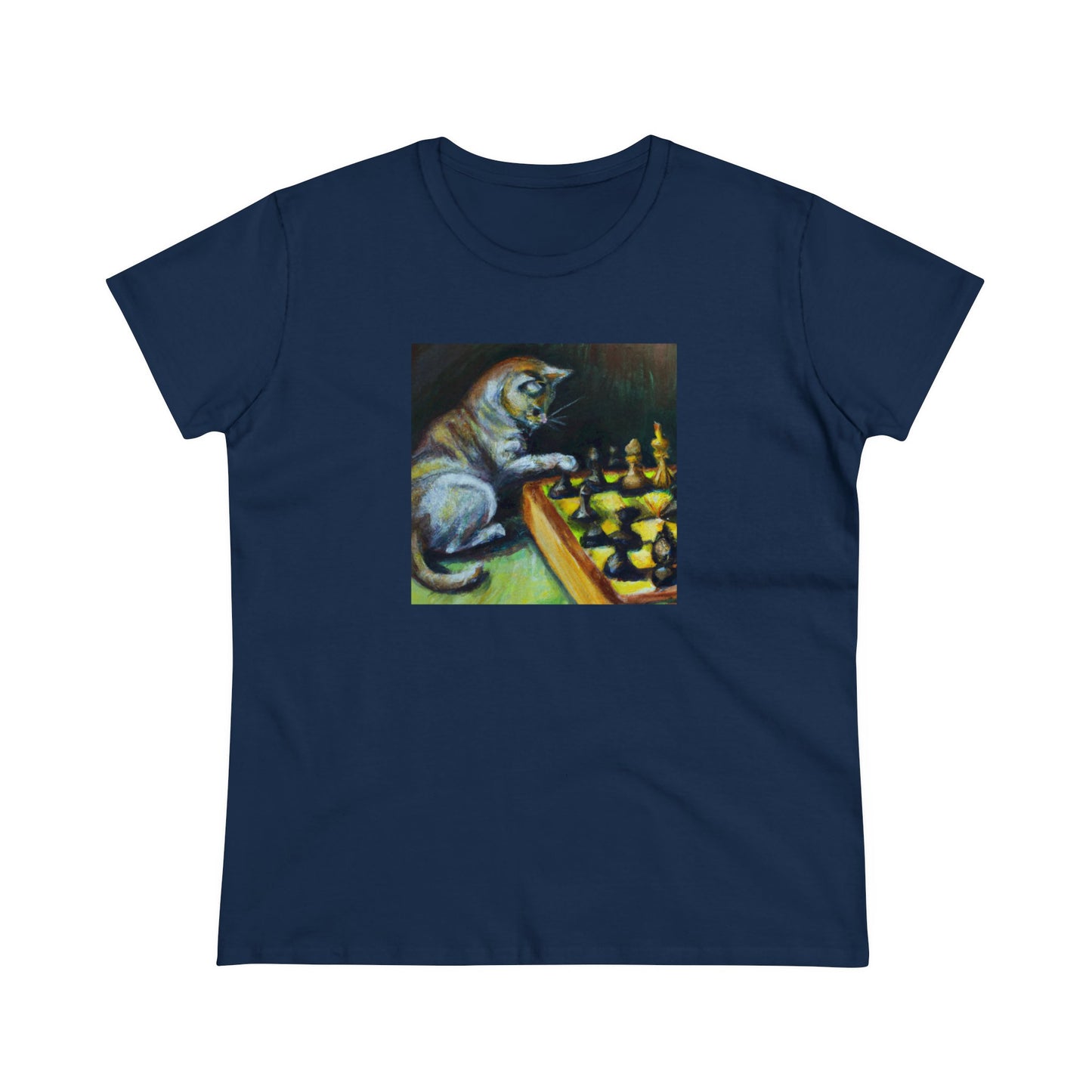 Cat playing chess, oil pastel, Women's Midweight Cotton Tee